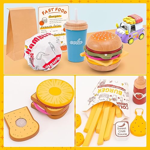 Miniatura 2 de Juego de comida rápida de madera para niños, juguetes realistas de hamburguesas, juguete apilable de sándwich, comida educativa de madera para