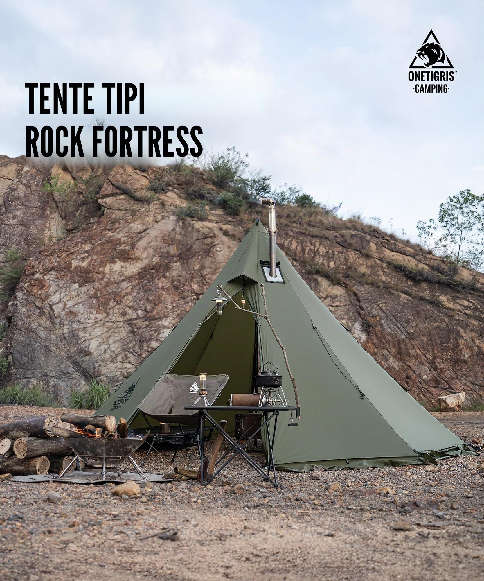 OneTigris Rock Fortress Tente tipi pour 4 à 6 personnes - Tente pyramidale avec mât de tente - 4 saisons - Colonne d'eau de 3000 mm - Pour l'extérieur, le camping, la randonnée, le trekking (vert