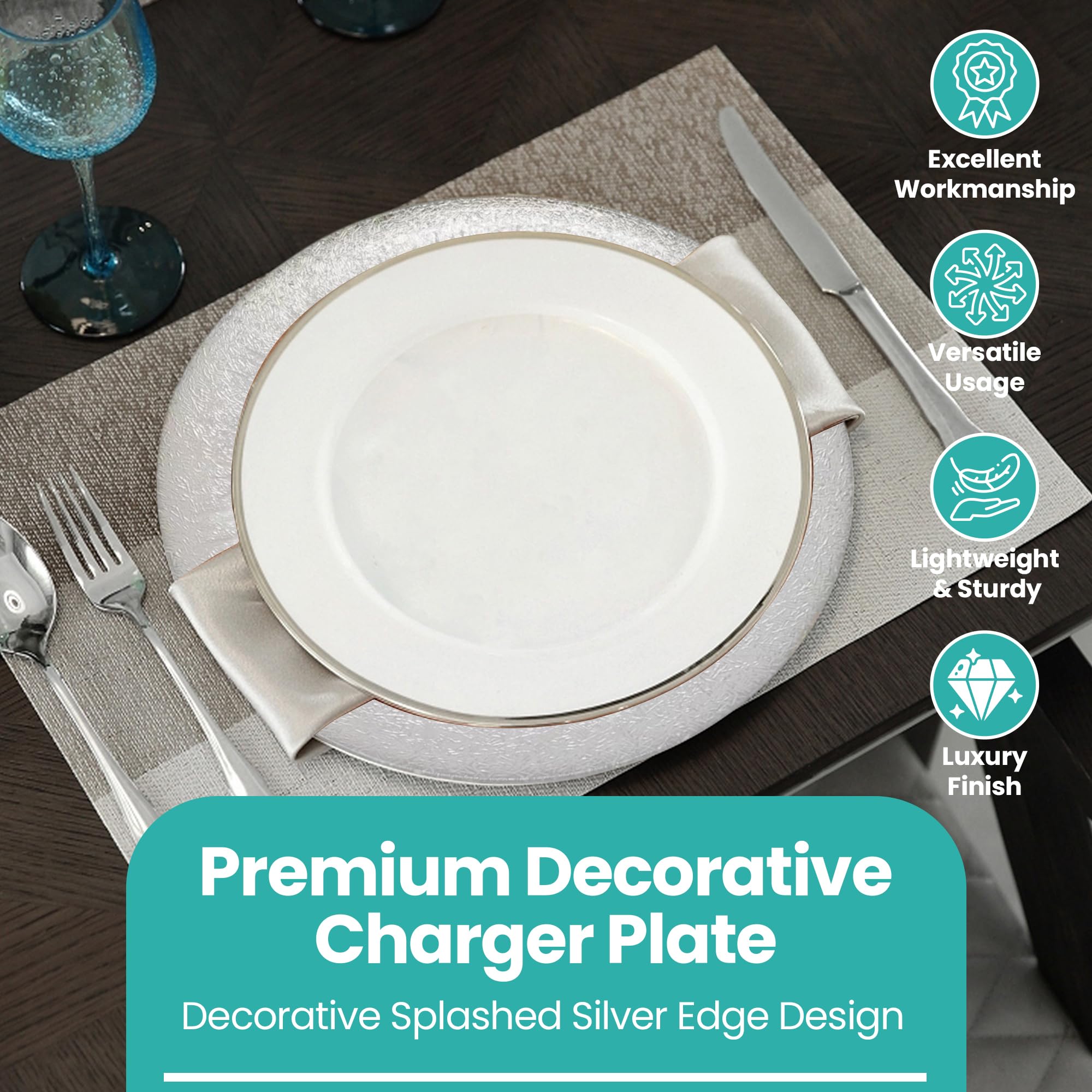 Platos de carga decorativos para fiestas, platos de vidrio con ribete plateado para decoración de mesa de comedor, bodas, cumpleaños, fiestas, vajilla, eventos de catering, 33 cm, 6 unidades