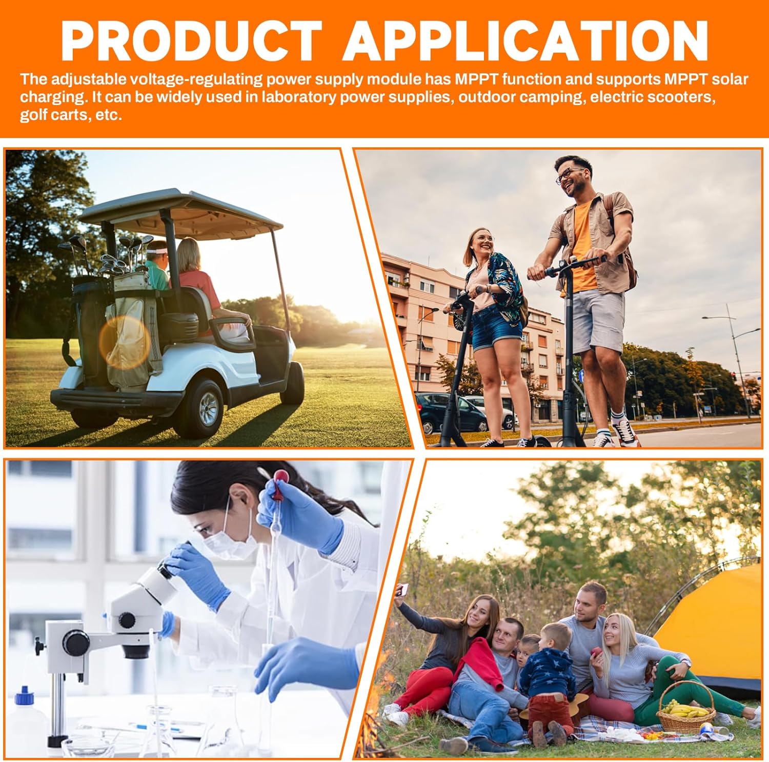 Collage of images showing the power supply being used in a laboratory, for camping, with electric scooters, and golf carts