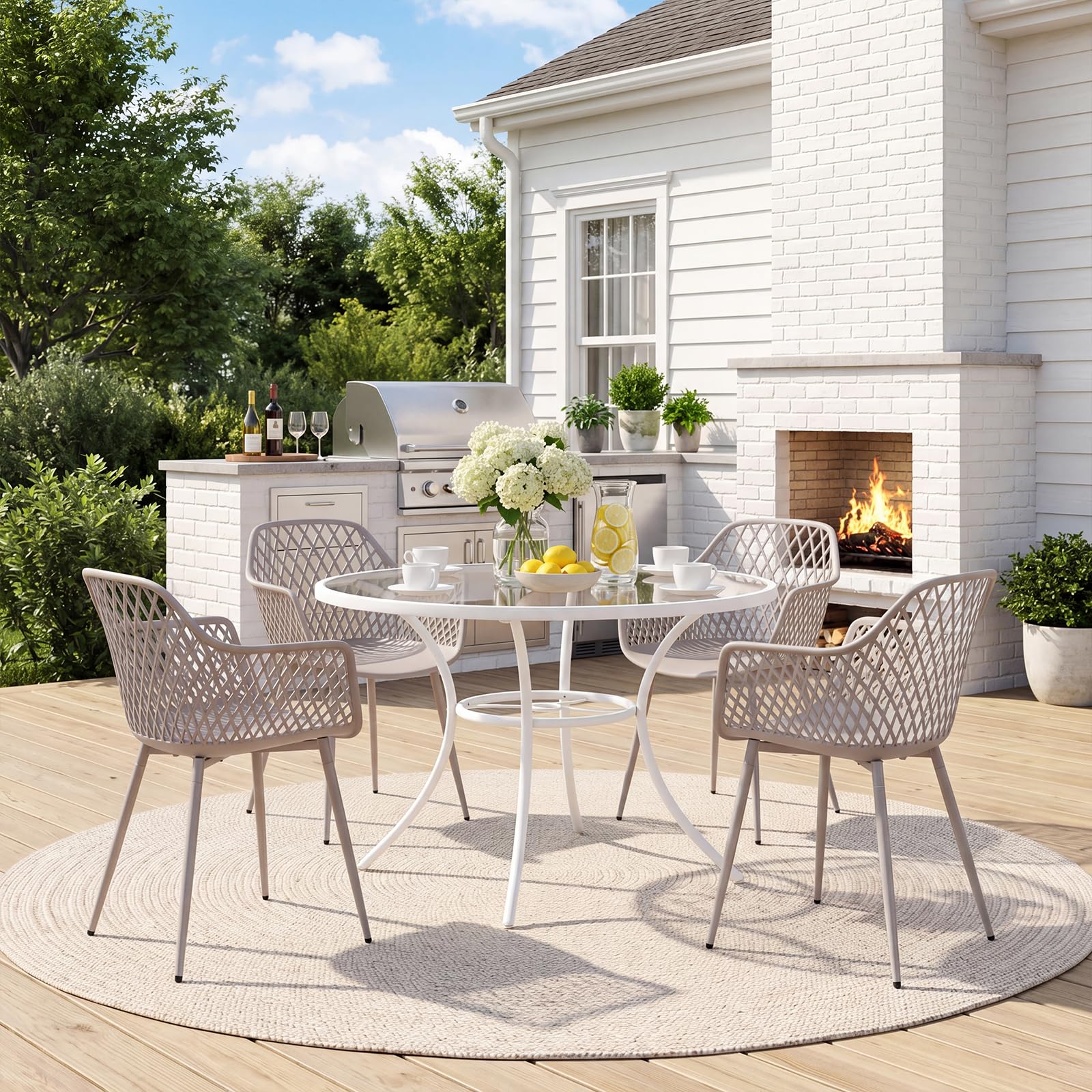 buybyroom Sillas Terraza Exterior, Pack de 4 Sillas Jardin Exterior con Reposabrazos, Patas de Metal y Respaldo de Plástico Ergonómico, para Jardín, Terraza, Balcón, Salón,Comedor,Caqui Claro