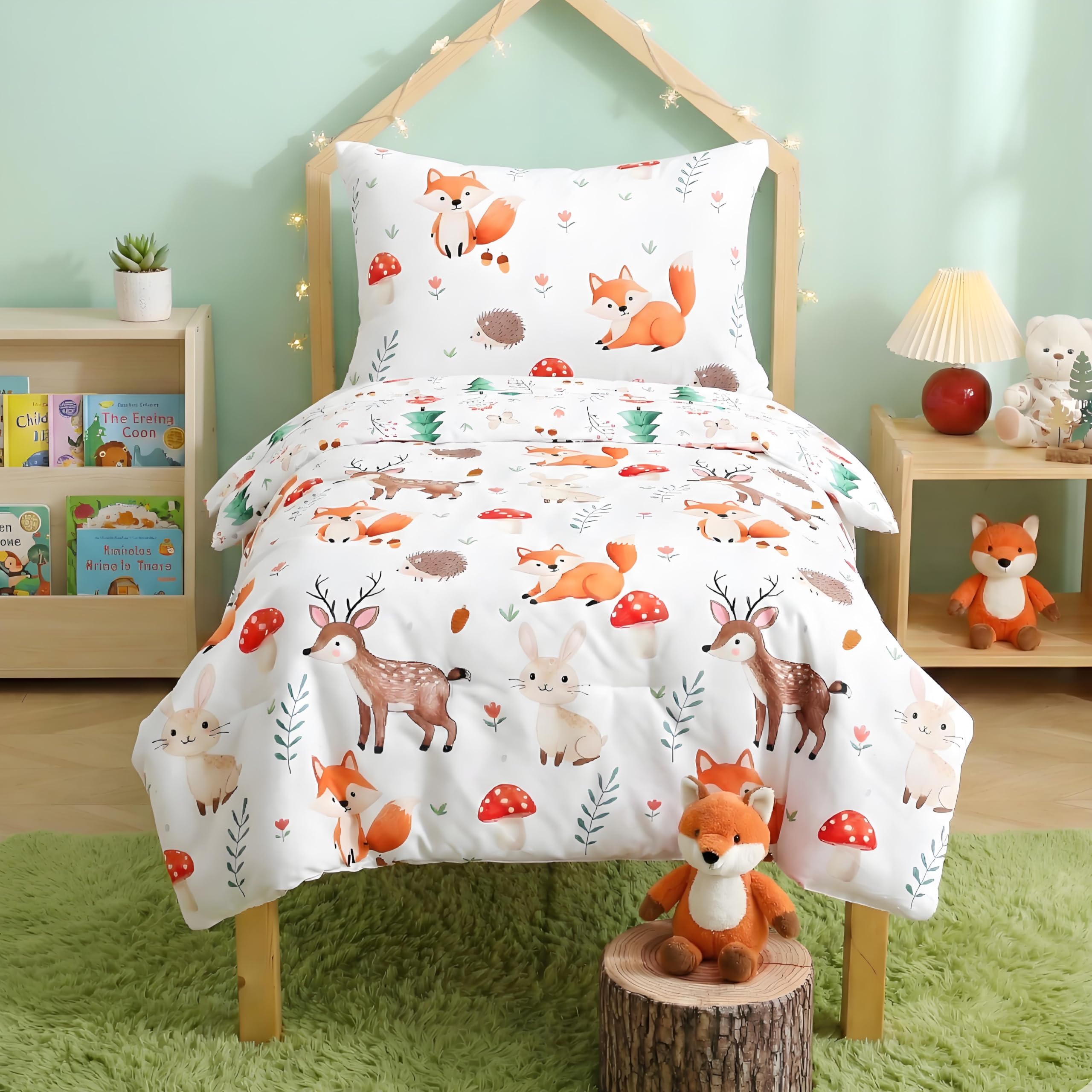 JQWUPUP Woodland Animal Cot Bed Duvet Cover Set, Reversible Forest Mushroom Toddler Duvet Cover 120x150cm, Soft Microfiber Toddler Bedding Set with Zipper — image 1