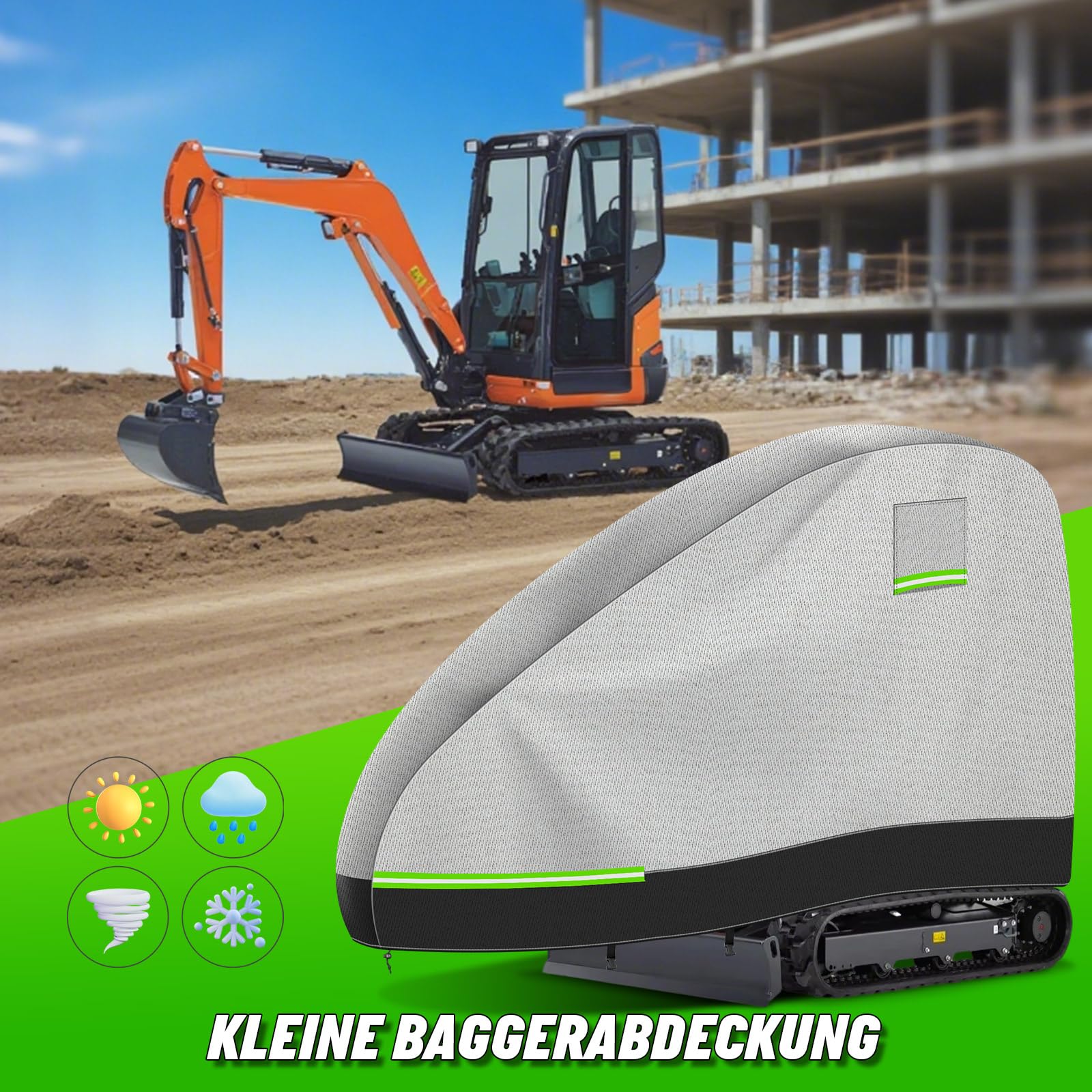 Housse Mini Excavatrice, 420D PU Imperméable Respirante pour 800-1600kg avec Fenêtre d'Aération, Fermeture éclair, Réflecteurs, Boucles Coupe-Vent et Cordon de Serrage, Bâche D'Excavatrice