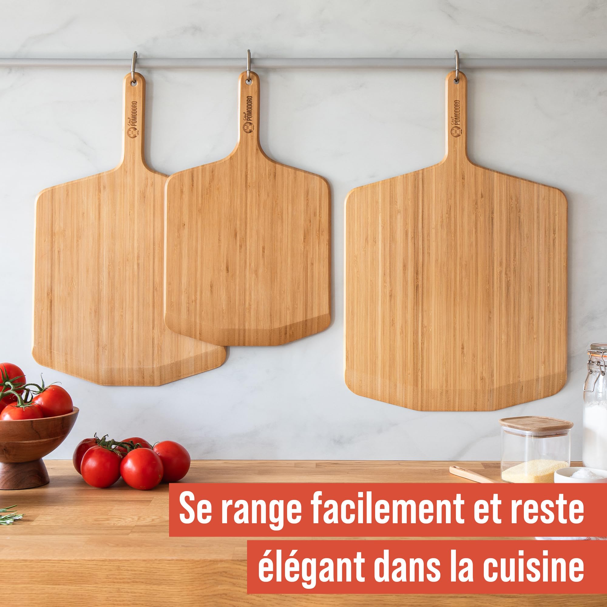 Chef Pomodoro - Grande Pelle A Pizza En Bois de Bambou (41 cm) - Pelle Pizza et Planche à Découper, Préparer et Tranférer vos pizza et pains - Planche pizza Légère et Résistant, Convient aux fours