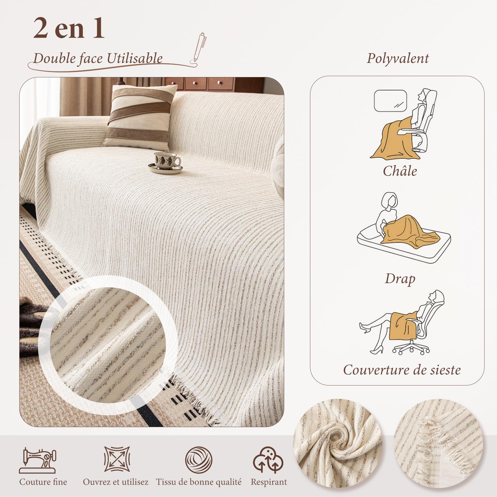 Jeté de Canapé, Protection Sofa, Housse de canapé Respirante et Douce pour la Peau, Plaid Canape Grande Taille, Cadeau Parfait Et Chaleureux 180 * 360cm-Beige