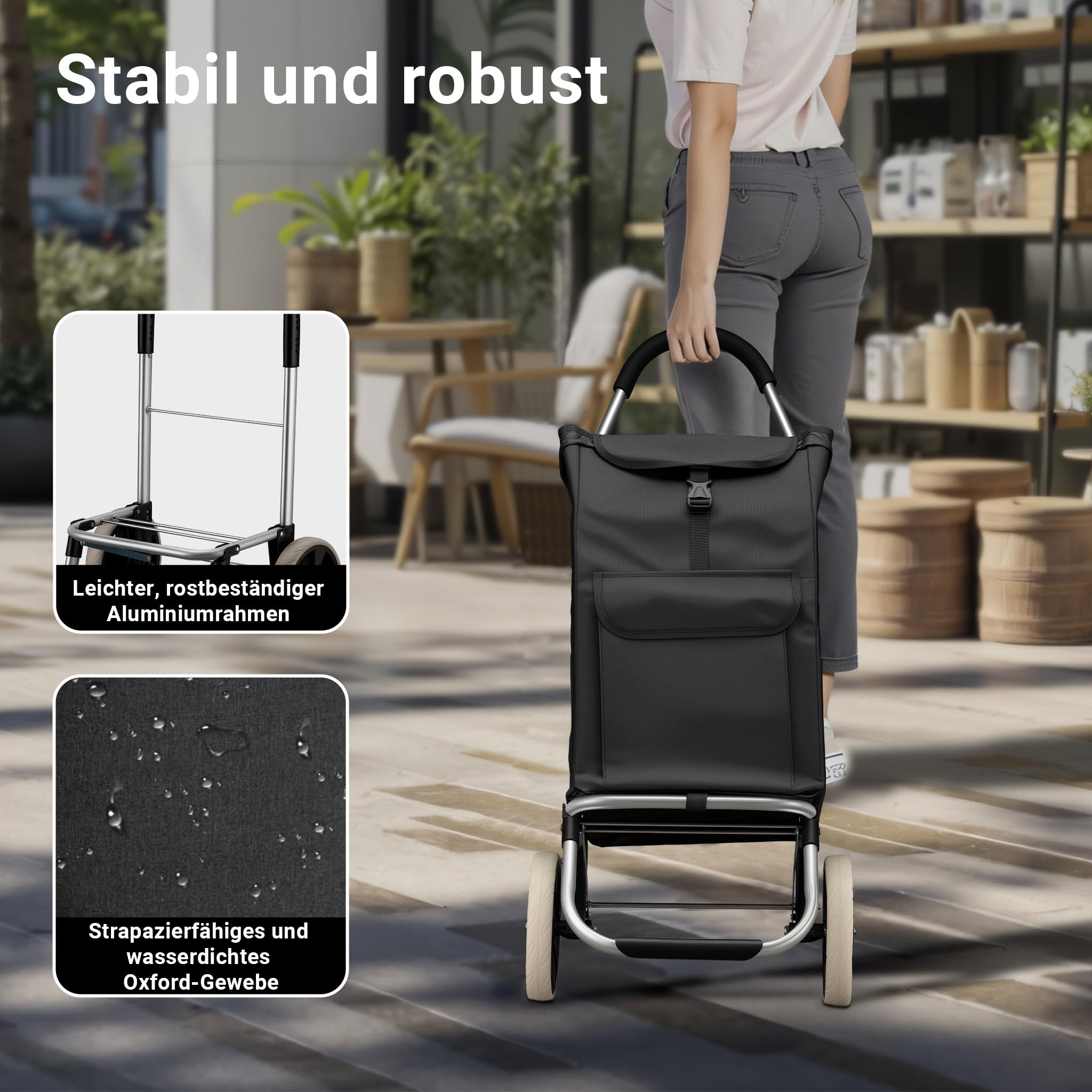 Wiltec Einkaufstrolley klappbar 36,5 x 44 x 103 cm bis 40 kg, Hackenporsche mit Zwei Rädern, Faltbarer Trolly Einkaufswagen mit Handgriff, Shopping Trolley mit großer Einkaufstasche