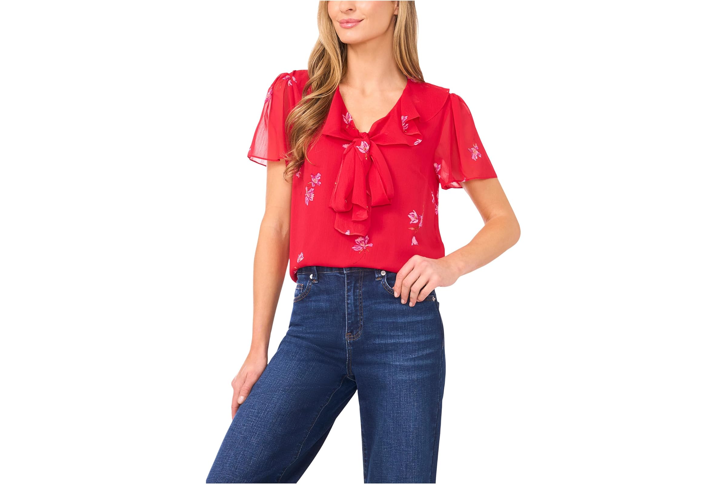 CeCe Short Sleeve Ruffle Tie Neck Top