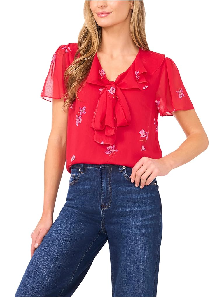 Red CeCe Short Sleeve Ruffle Tie Neck Top