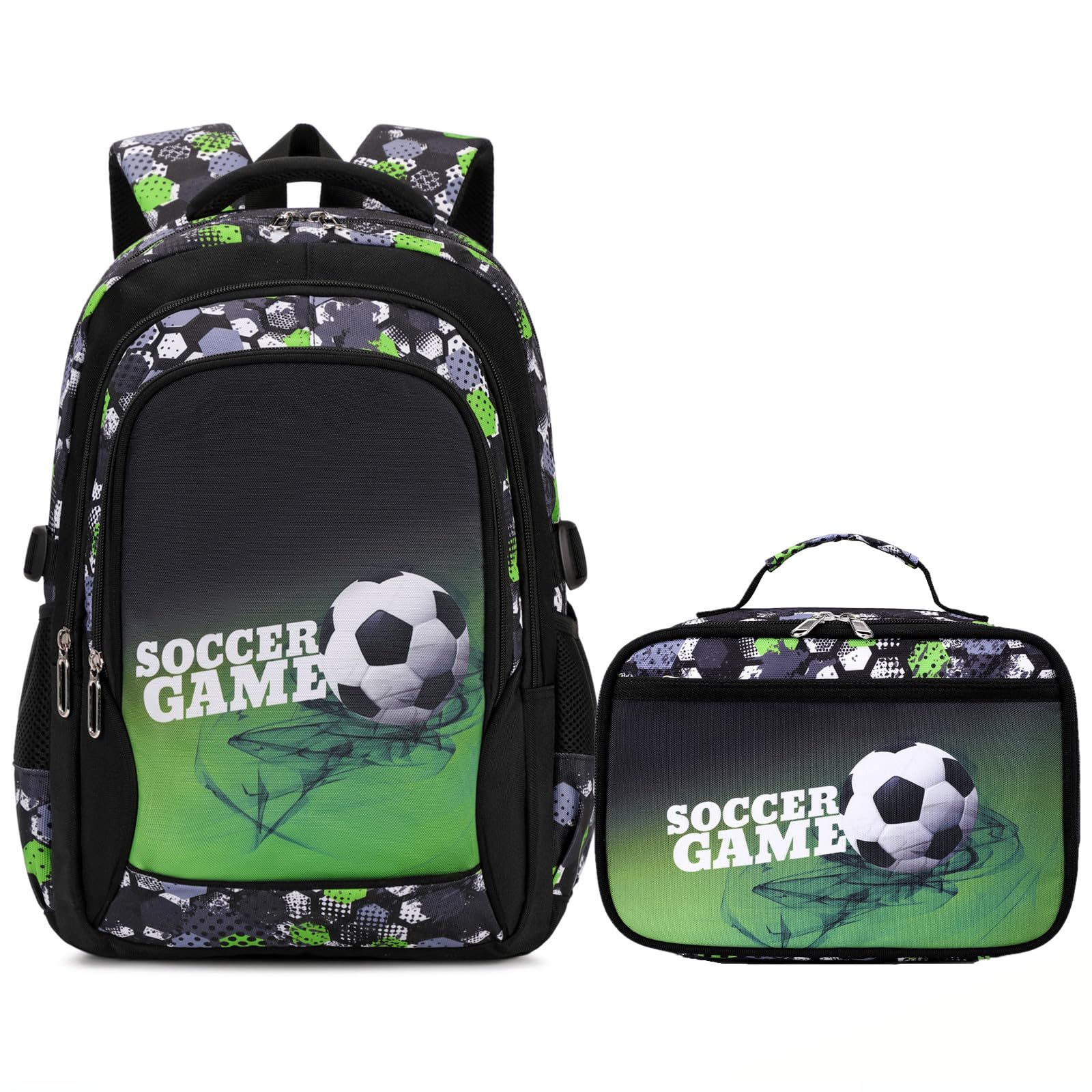 Yvechus Camo Backpack for Kids, Lightweight Camo Backpack Elementary Middle School Backpack Water Repellent Bookbag (Soccer Green 2 in 1)