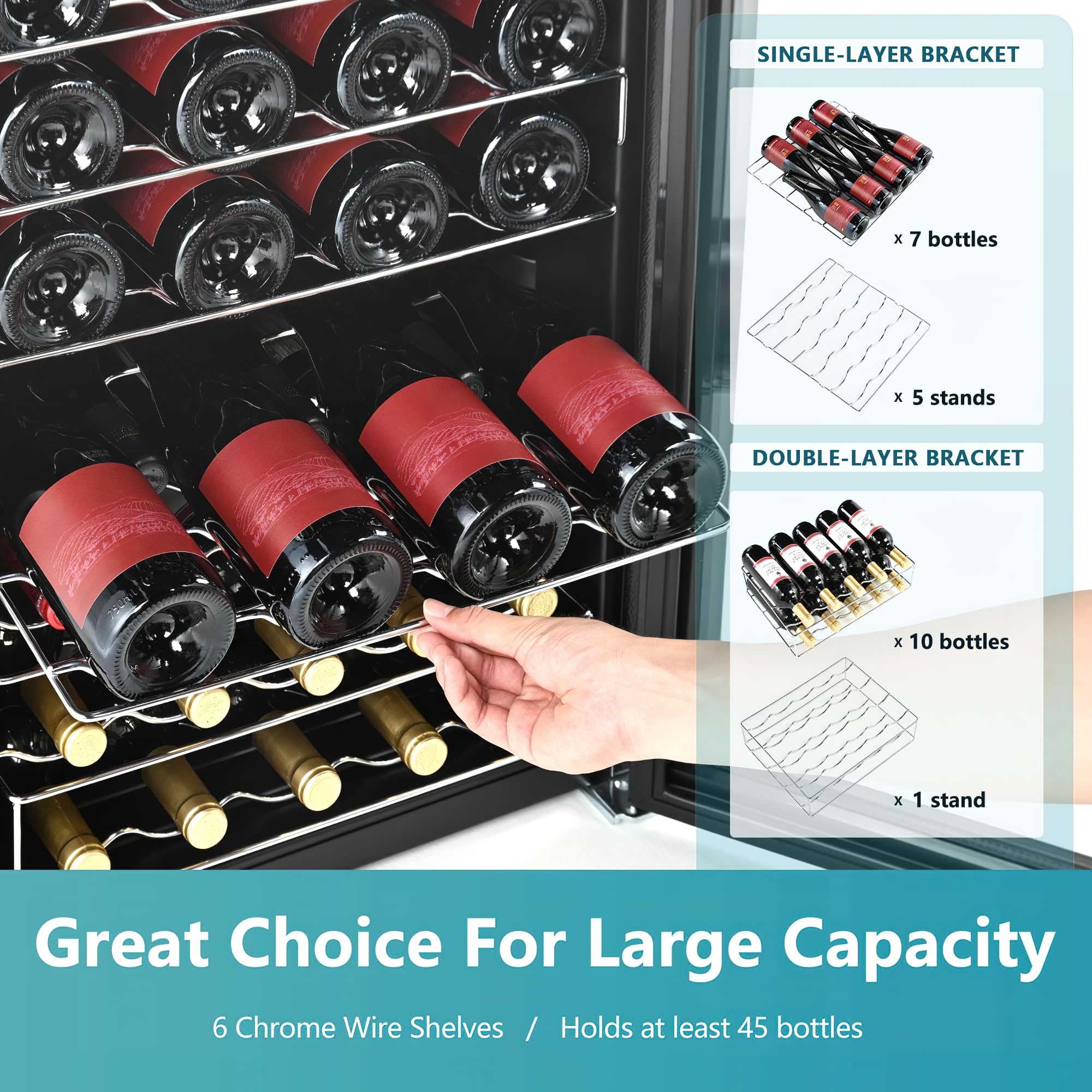 Refrigerador de vino de 45 botellas, pequeño refrigerador de vino integrado para rojo, blanco y champán, mini refrigerador de 4.5 pies cúbicos con temperatura ajustable, negro 2