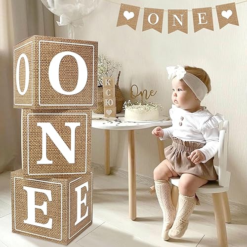 Miniatura 2 de Cajas neutras para decoraciones de primer cumpleaños, 3 piezas grandes de arpillera bohemia con letras y un cartel para silla alta para niños y niñas