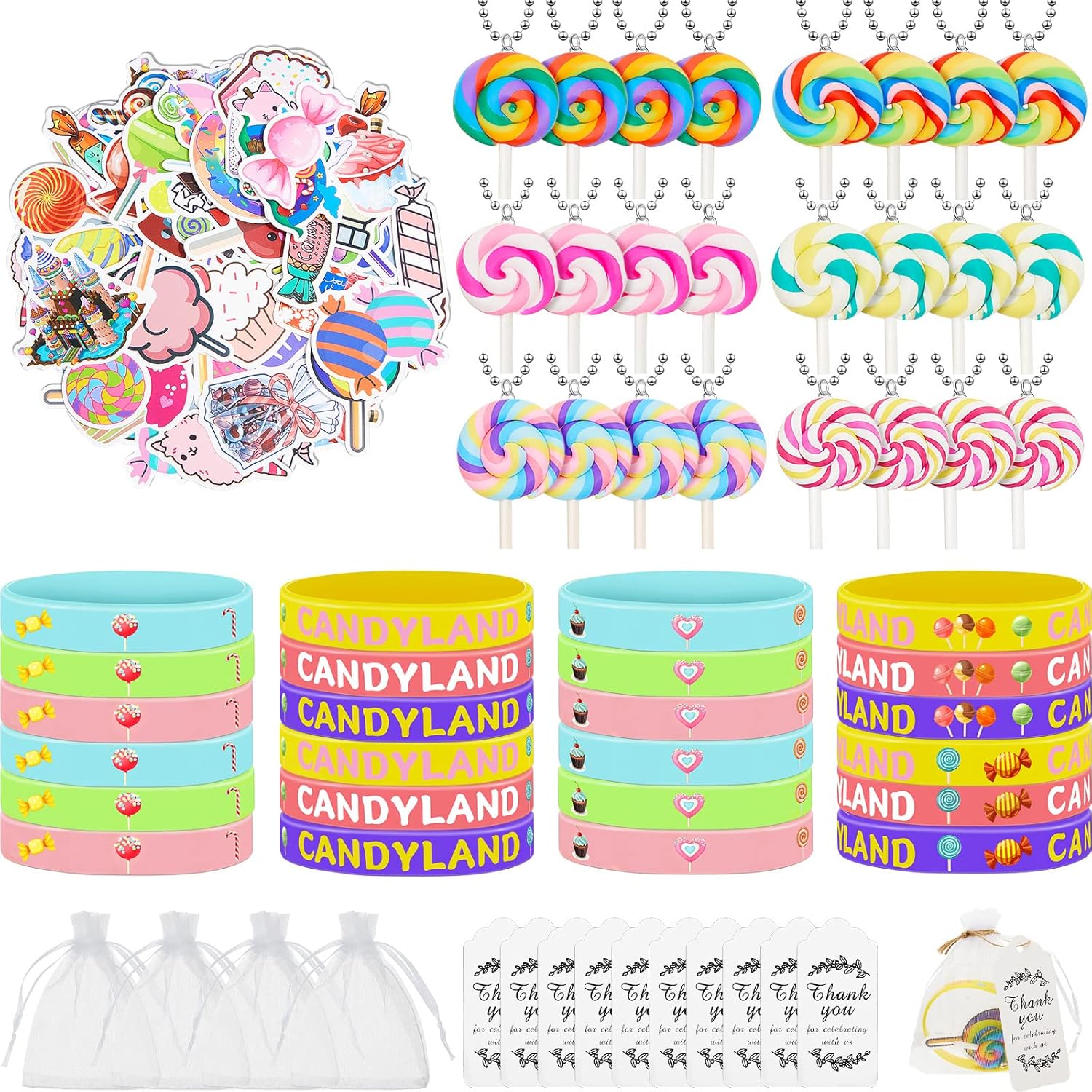 147 Pcs Candyland Party Favors Set, Include 24 Lollipops Keychains 24