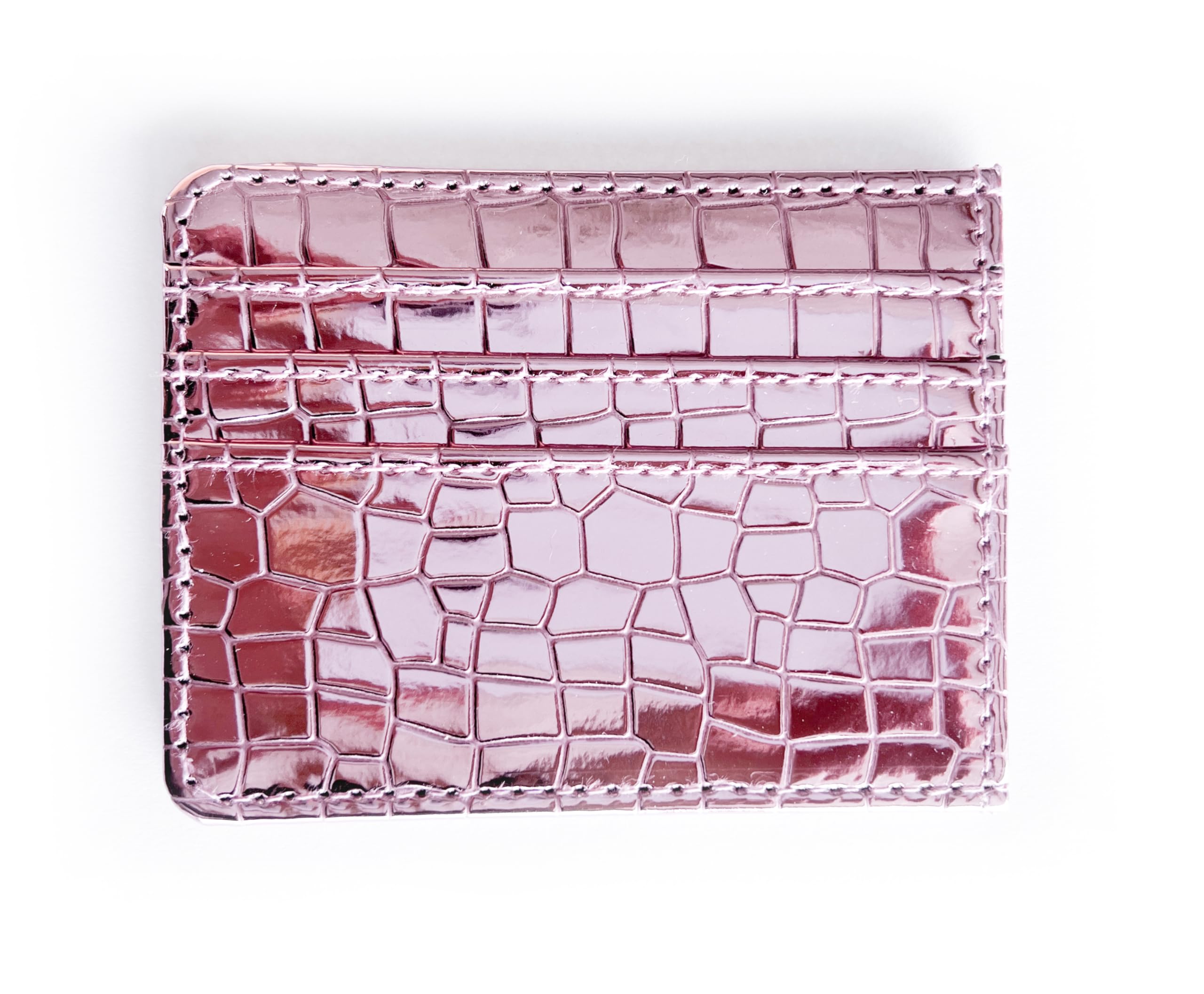 SWEDEY Super Shiny Slim Credit Card Holder Mini Front Pocket Wallet in Mirror Metallic Faux Crocodile pattern (Metalic Pink)