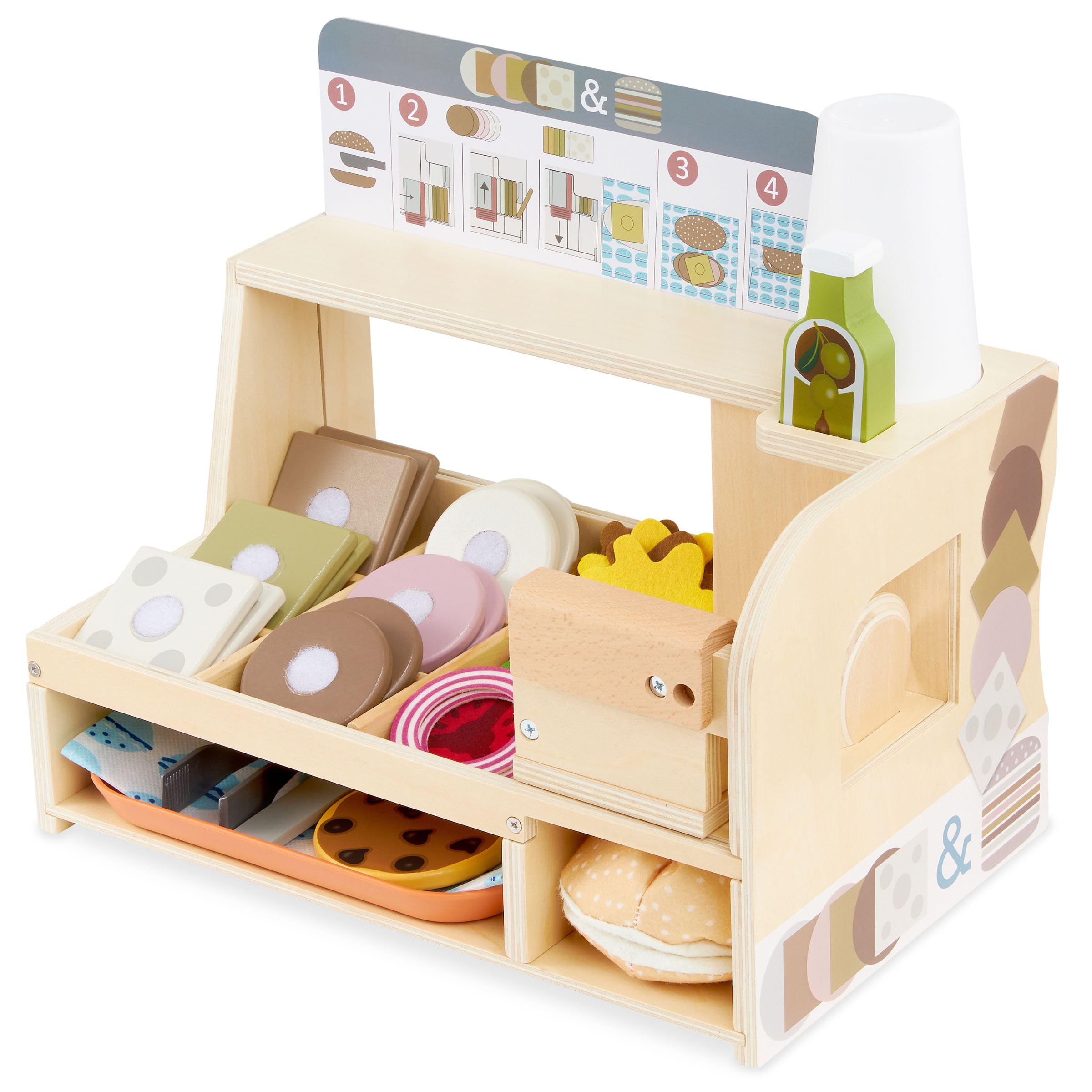 mamabrum Paninoteca Giocattolo in Legno per Bambini, Banco Fast Food con Cibo e Accessori, Gioco di Ruolo Ristorante, Panini e Cucina Giocattolo, 3 Anni