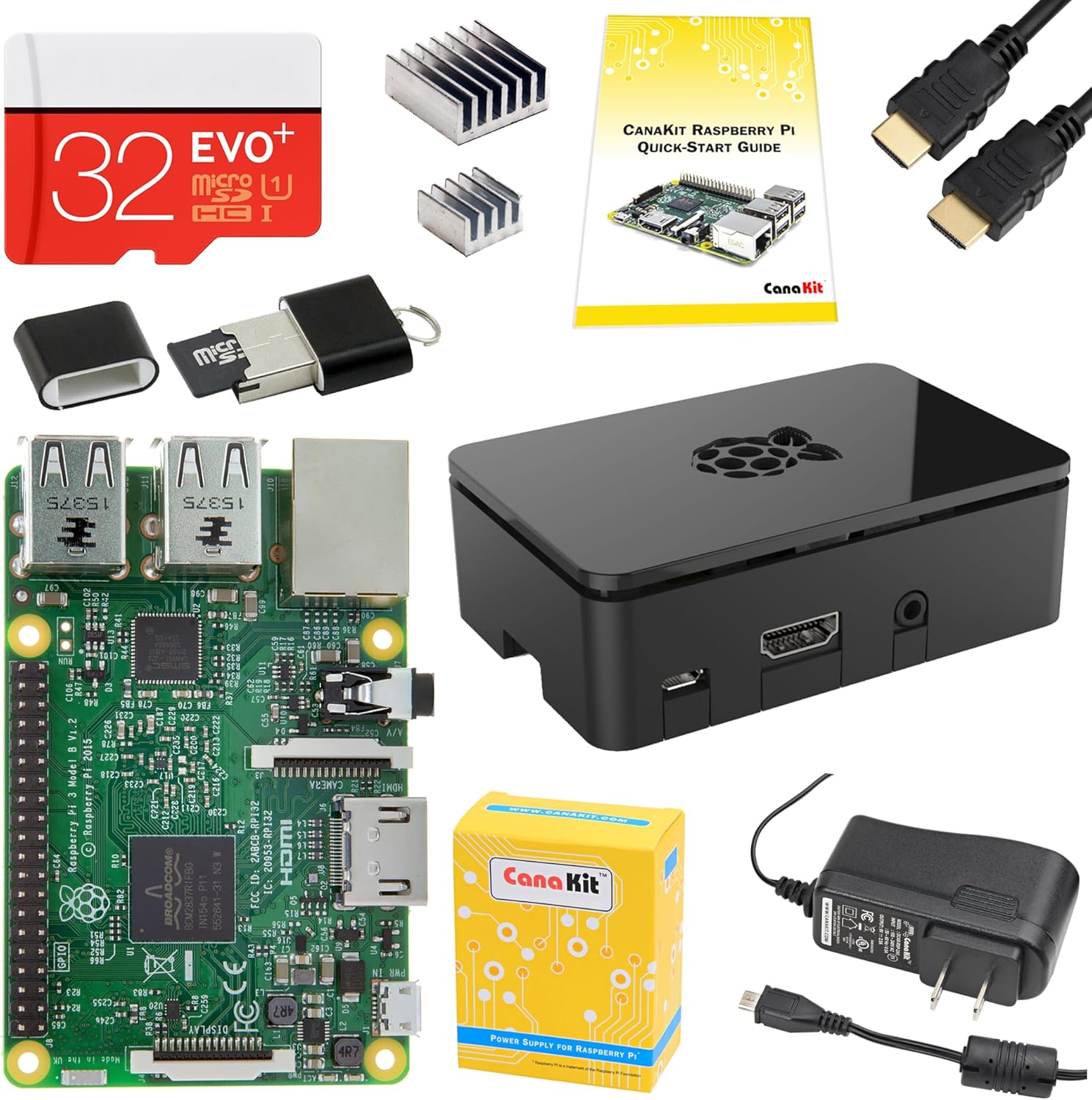 CanaKit Raspberry Pi 3 Complete Starter Kit - Quad-Core 1.2 GHz 1 GB RAM, WiFi & Bluetooth, 32 GB EVO+ Micro SD Card, Power Supply, Case, HDMI Cable, Heat Sinks, GPIO Card, Quick-Start Guide