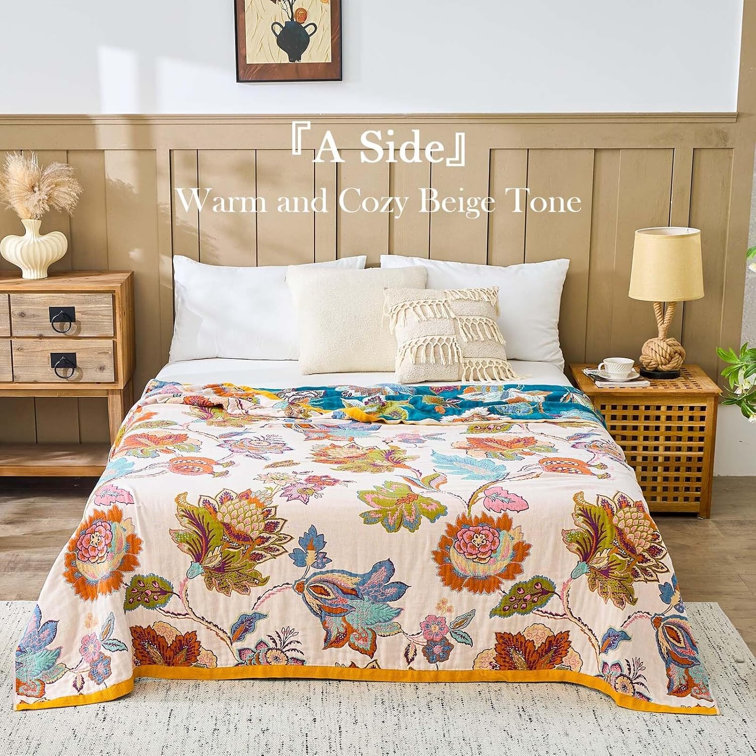 Summer Throw Blanket for Bed, 60"x80" Boho Throw Blankets 100% Cotton Quilts Farmhouse Decoration Warm Soft Blanket Muslin Bed Blankets for Couch Chair - Image 2