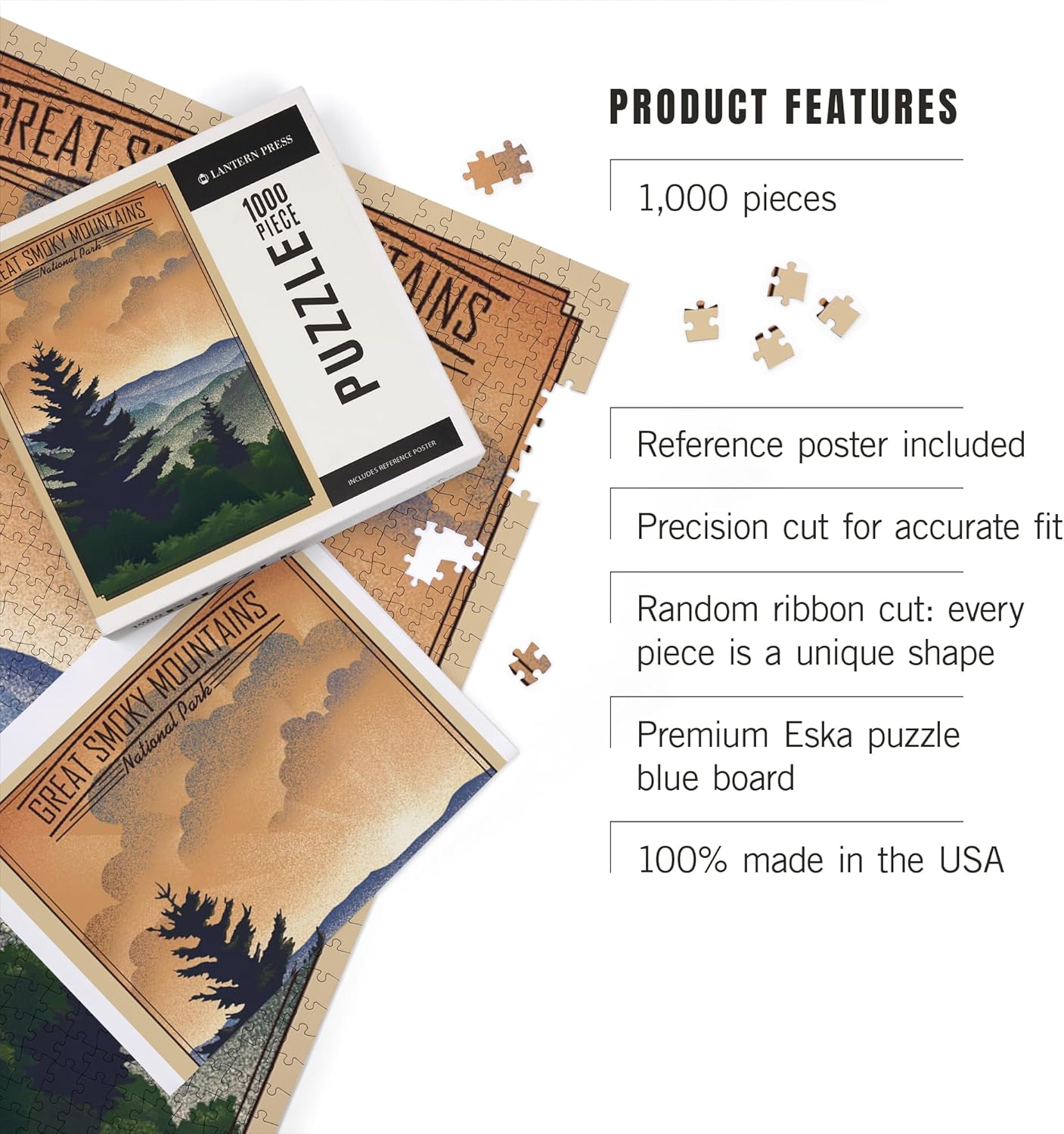 "Lantern Press Great Smoky Mountains National Park, Lithograph, 1000 Piece Jigsaw Puzzle for Adults, Made in USA with Reference Poster"
