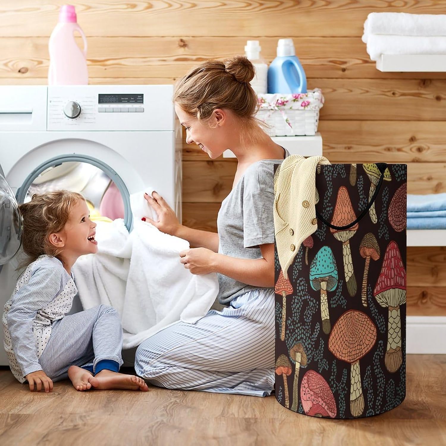 Mushroom Laundry Basket Large Foldable Laundry Hamper with Handles Freestanding Collapsible Clothes Basket Waterproof Portable Dirty Clothes Hamper for Bathroom 86L