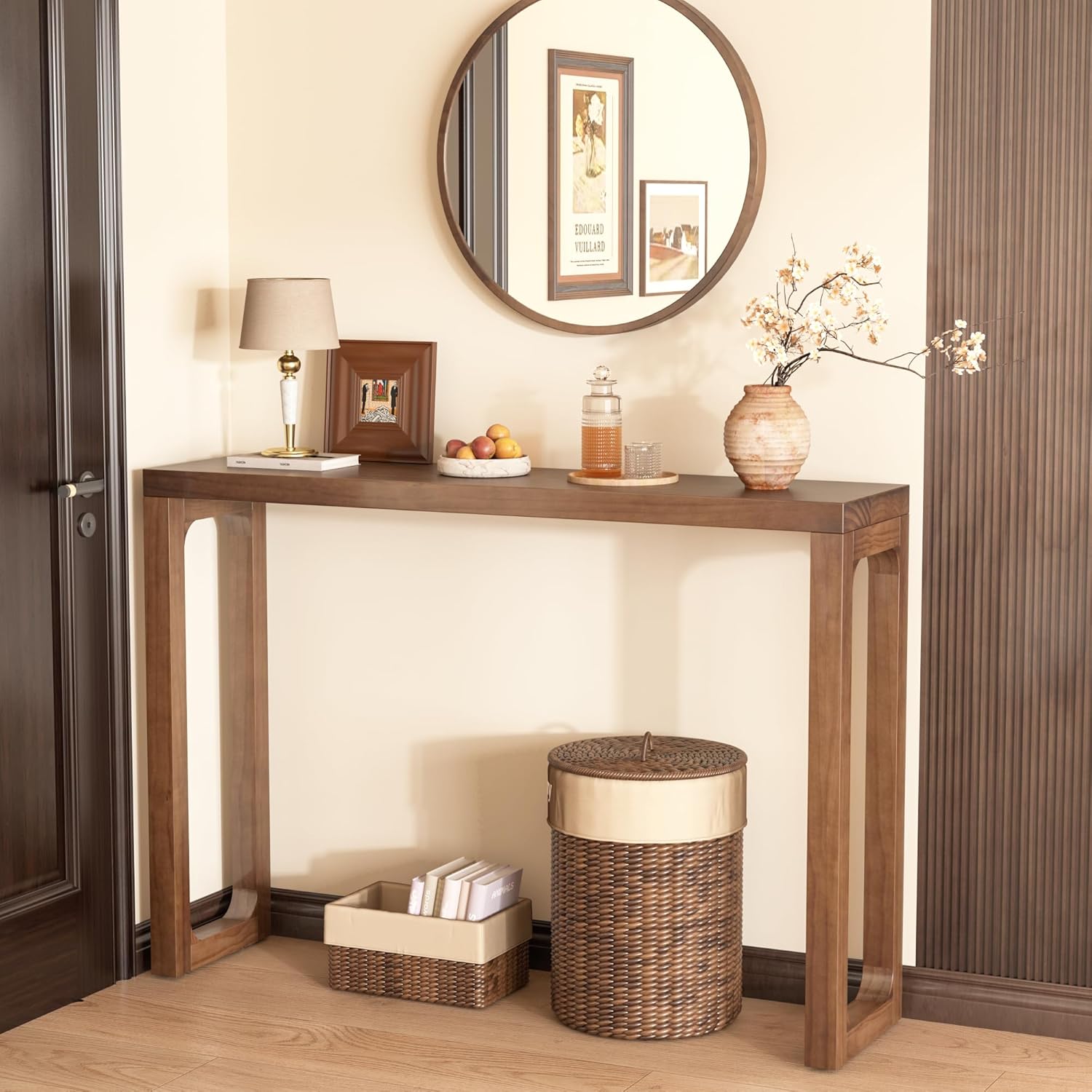 Solid Wood Console Table - Narrow Entryway Table, 47.2 Inch Sofa Tables Behind Couch, Farmhouse Console Tables for Entryway, Hallway, Living Room, Foyer, Easy Assembly - Walnut