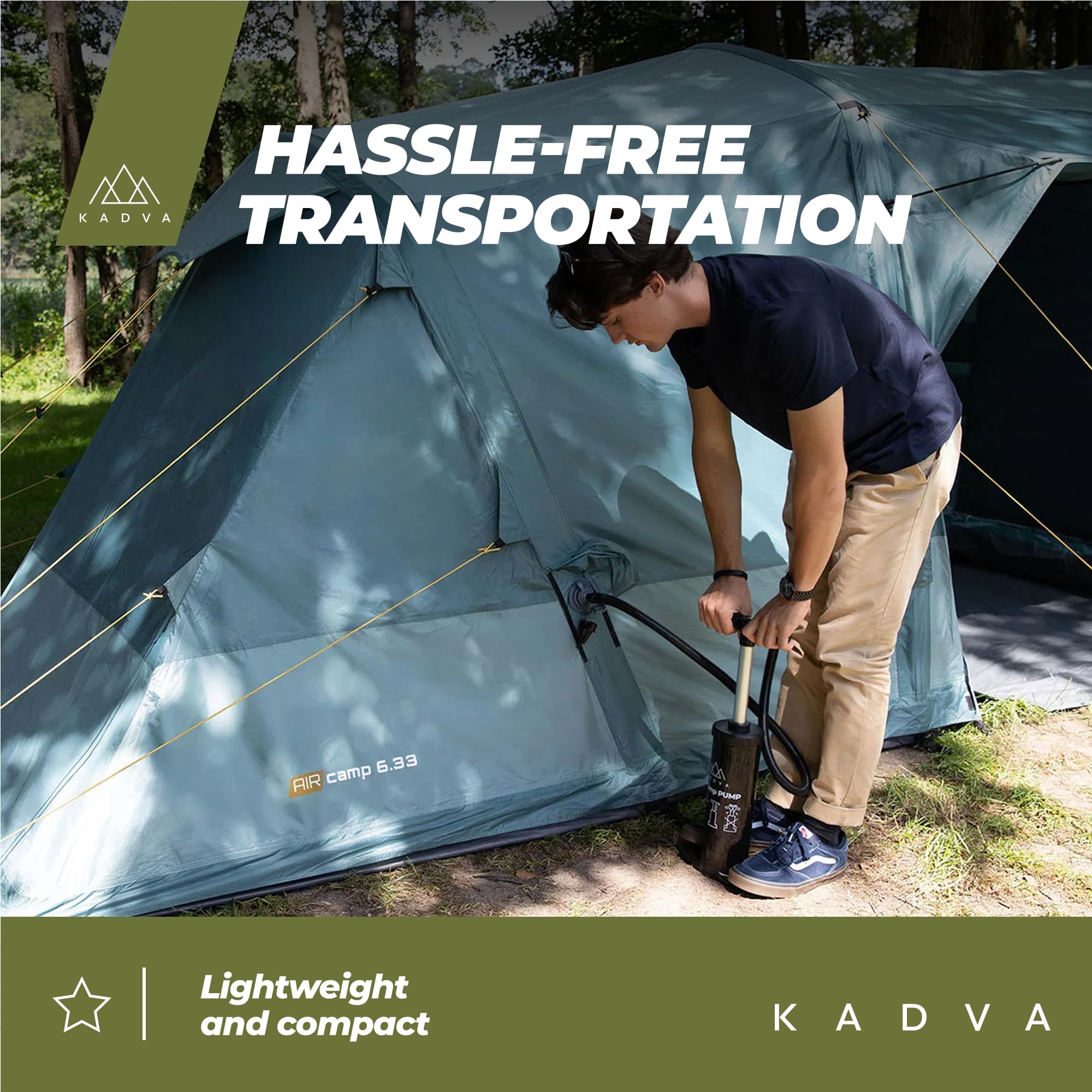 KADVA Namiot kempingowy Aircamp dla 6,33 osób, z pompką, konstrukcja tunelowa, 590 x 205 x 195 cm, wodoszczelność 3000 mm, przestronny daszek nad wejściem, duża powierzchnia do spania, kolor zielony | Wodoodporny, poliester, wymiary 205 x 230 cm, waga 17