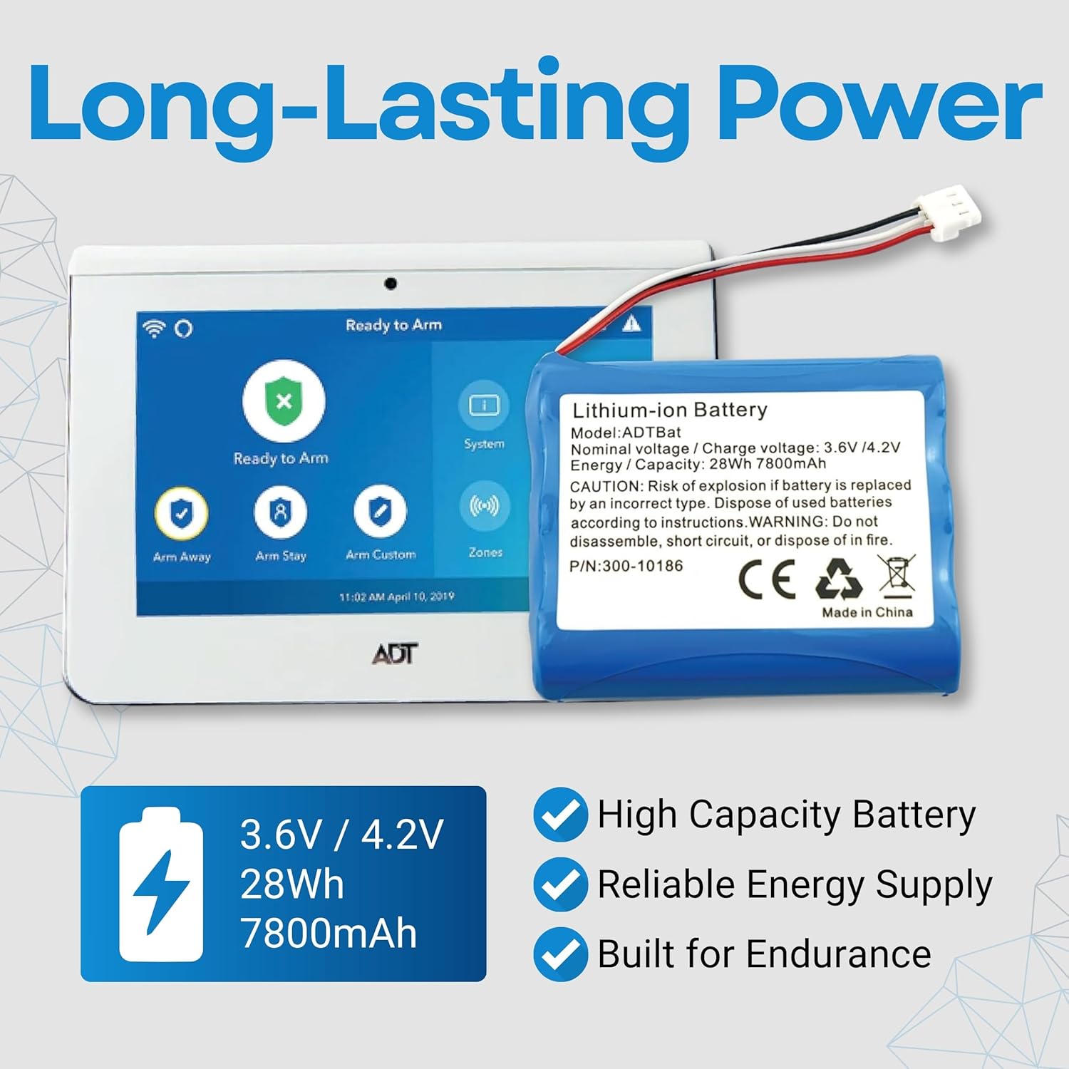 Image showing the WirelessFinest lithium-ion battery with specifications 3.6V / 4.2V, 28Wh, 7800mAh, emphasizing high capacity and reliable energy supply.