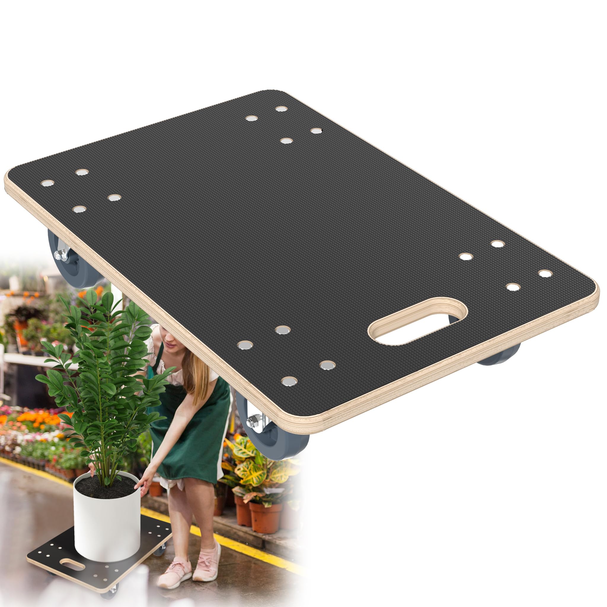HENGMEI Carrello per il trasporto, 2 pezzi, con 2 freni di stazionamento, ruote in legno, per mobili, trasporto di mobili, 200 kg, portata per piattaforma con rullo a 360°, 600 x 400 x 145 mm