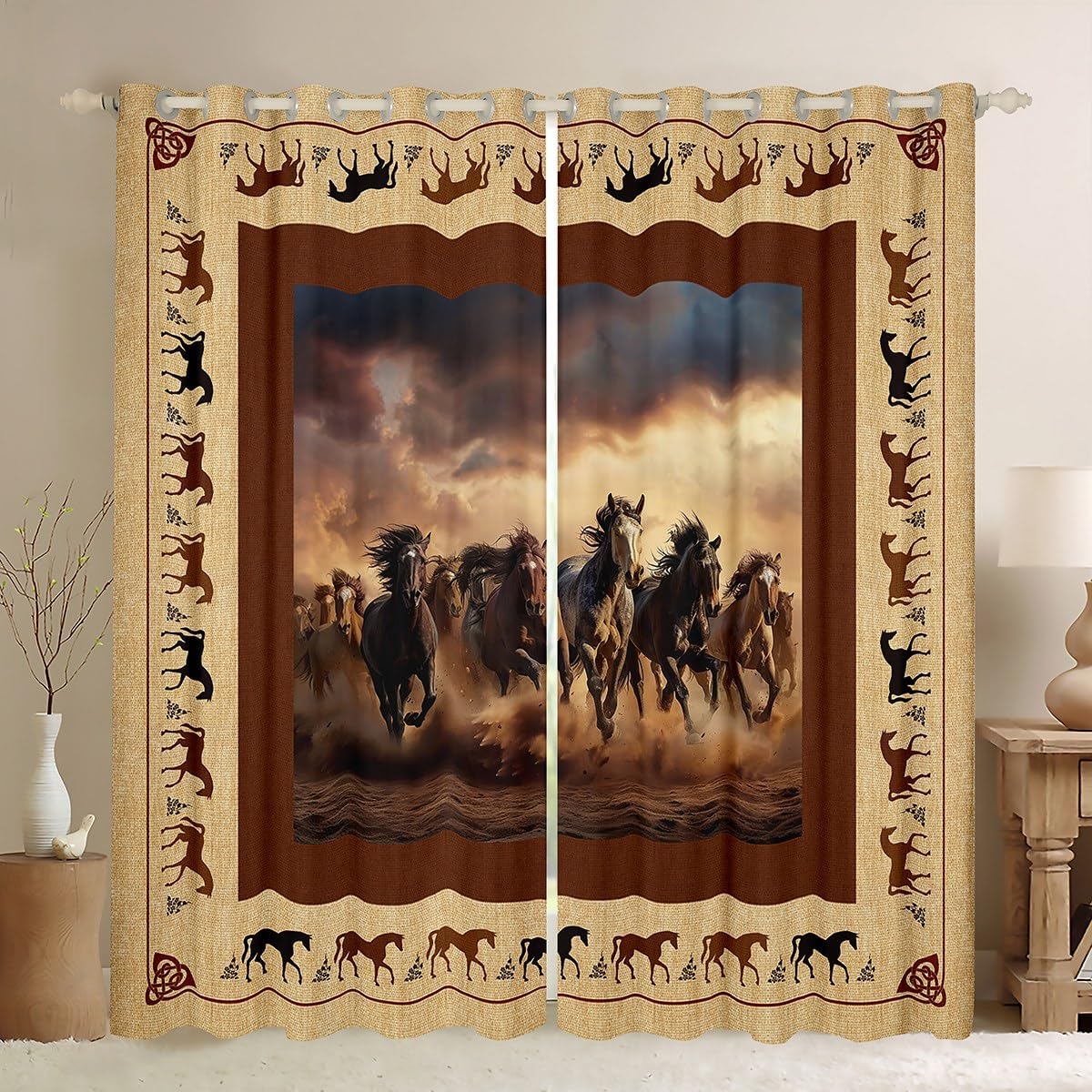 Feelyou Horse Curtains for Living Room (2 Panels, 52 x 84 Inch) Galloping Horse Blackout Curtains for Boys Western Decor Cute Animal Darkening Drapes Kawaii Farm Cowboy Brown Window Treatments