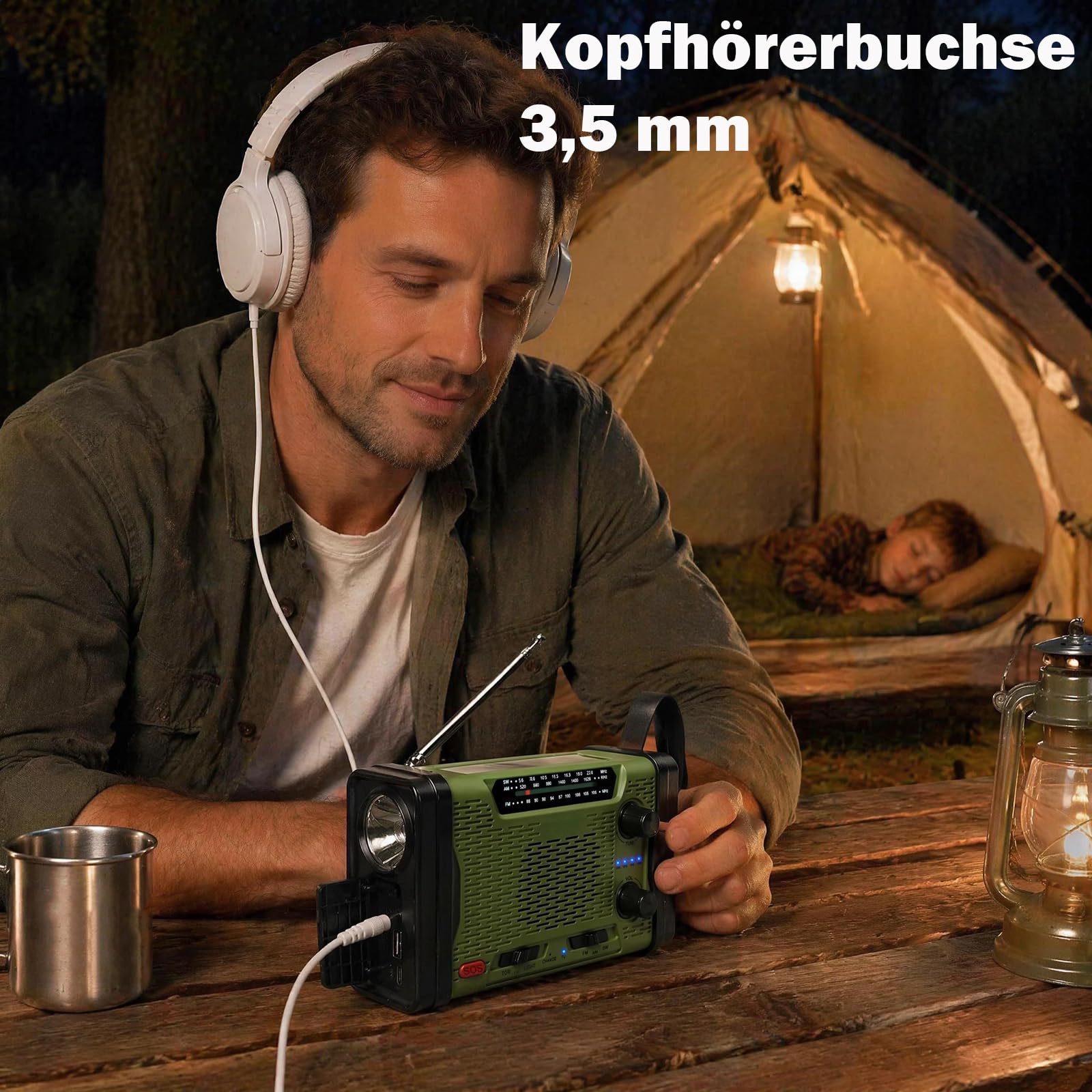 Kurbelradio mit 5000mAh Powerbank, Notfallradio AM/FM/SW Weltempfänger, Tragbares Radio Batteriebetrieben mit USB-C Handyladung, SOS-Alarm, LED Taschenlampe & Leselampe für Camping, Outdoor, Blackout