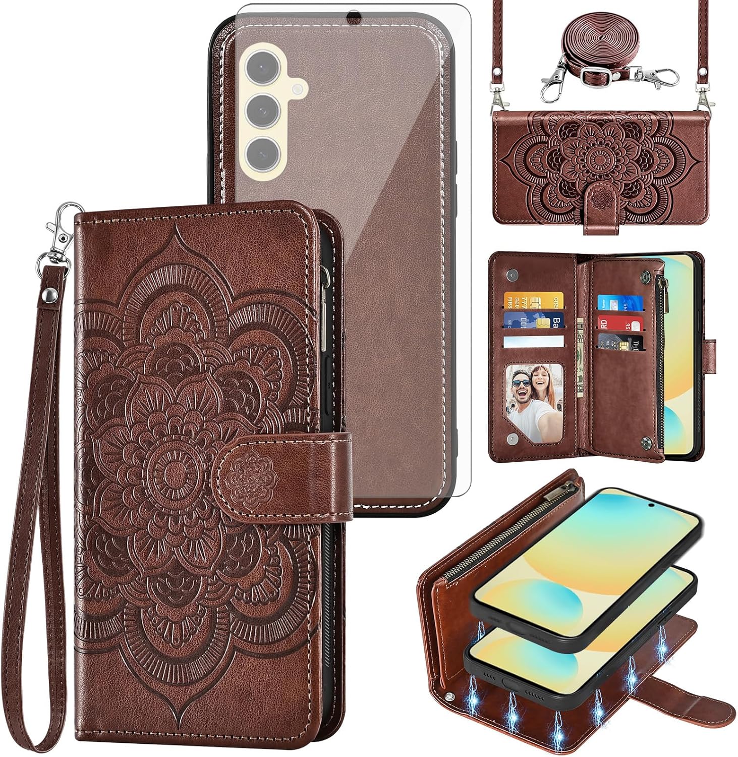 Asuwish Phone Case for Samsung Galaxy S24 FE 5G Zipper Wallet Detachable Cell Cover with Tempered Glass Screen Protector Crossbody Lanyard Strap Flower Card Holder S 24 EF AI S24FE 24S Women Brown