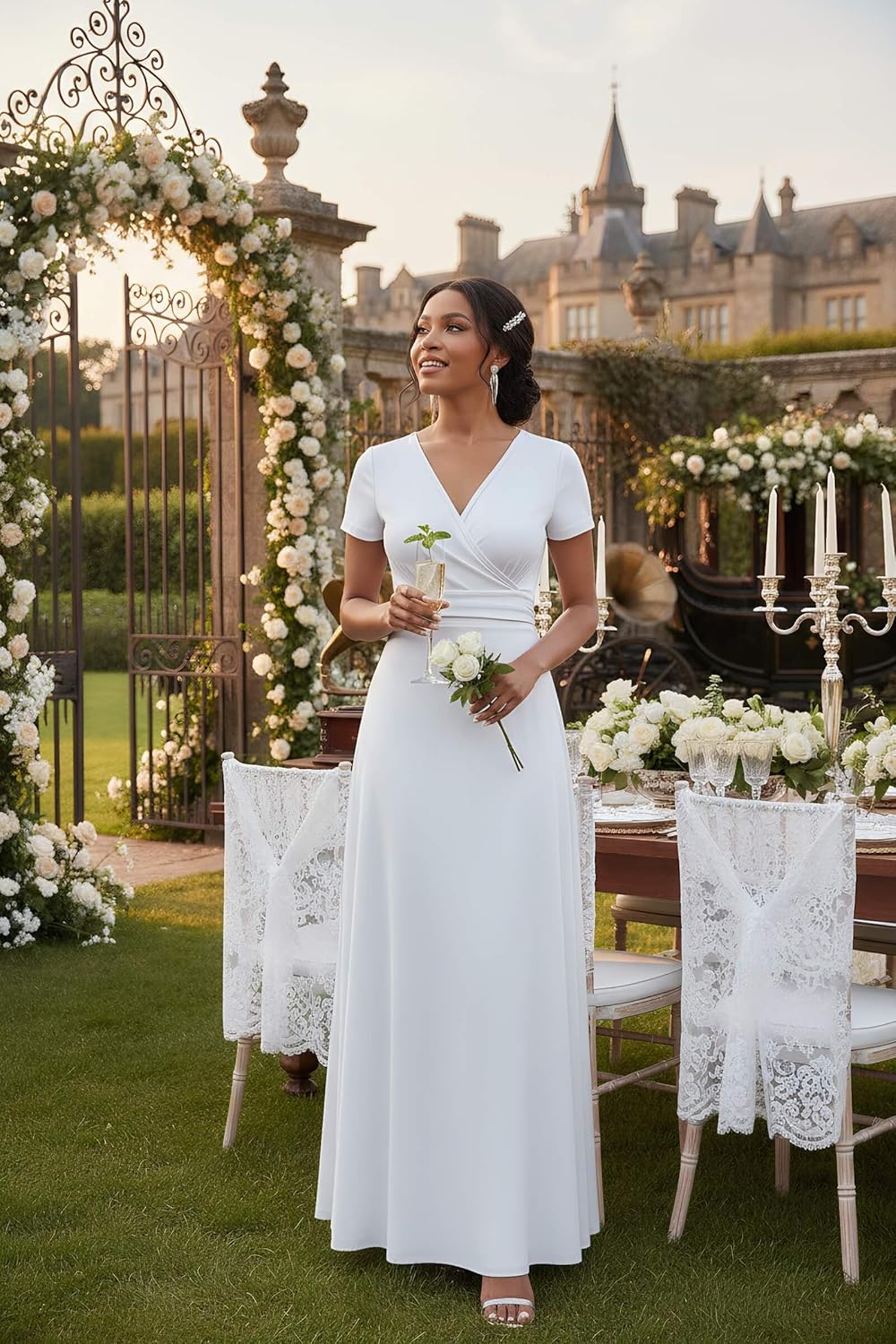 CLOCOR Maxi Dress for Women Long Formal Short Sleeve A Line V Neck Dresses Wedding Guest High Waist Elegant - Image 2