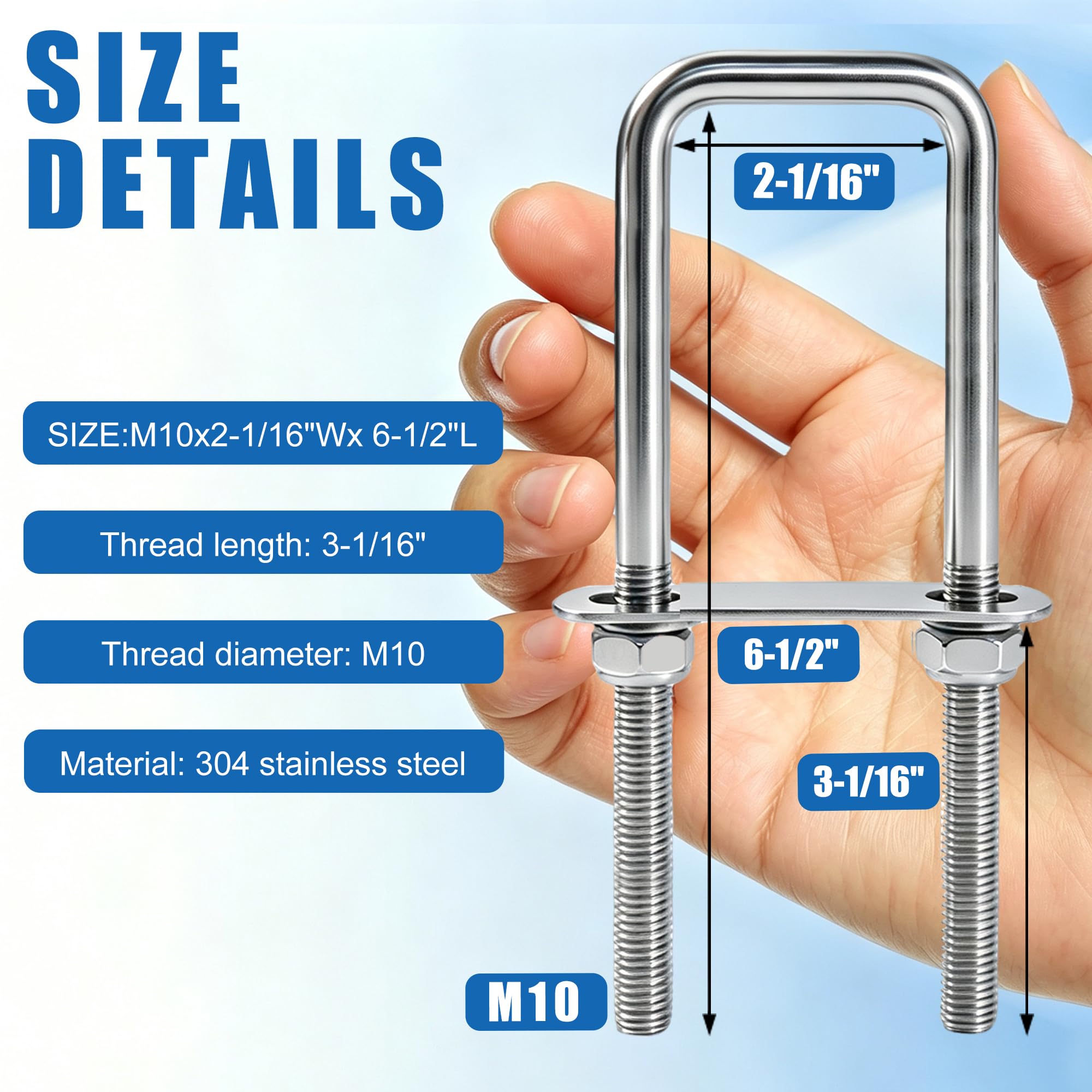 M10 Stainless Steel U-Bolts - 4 Sets -3