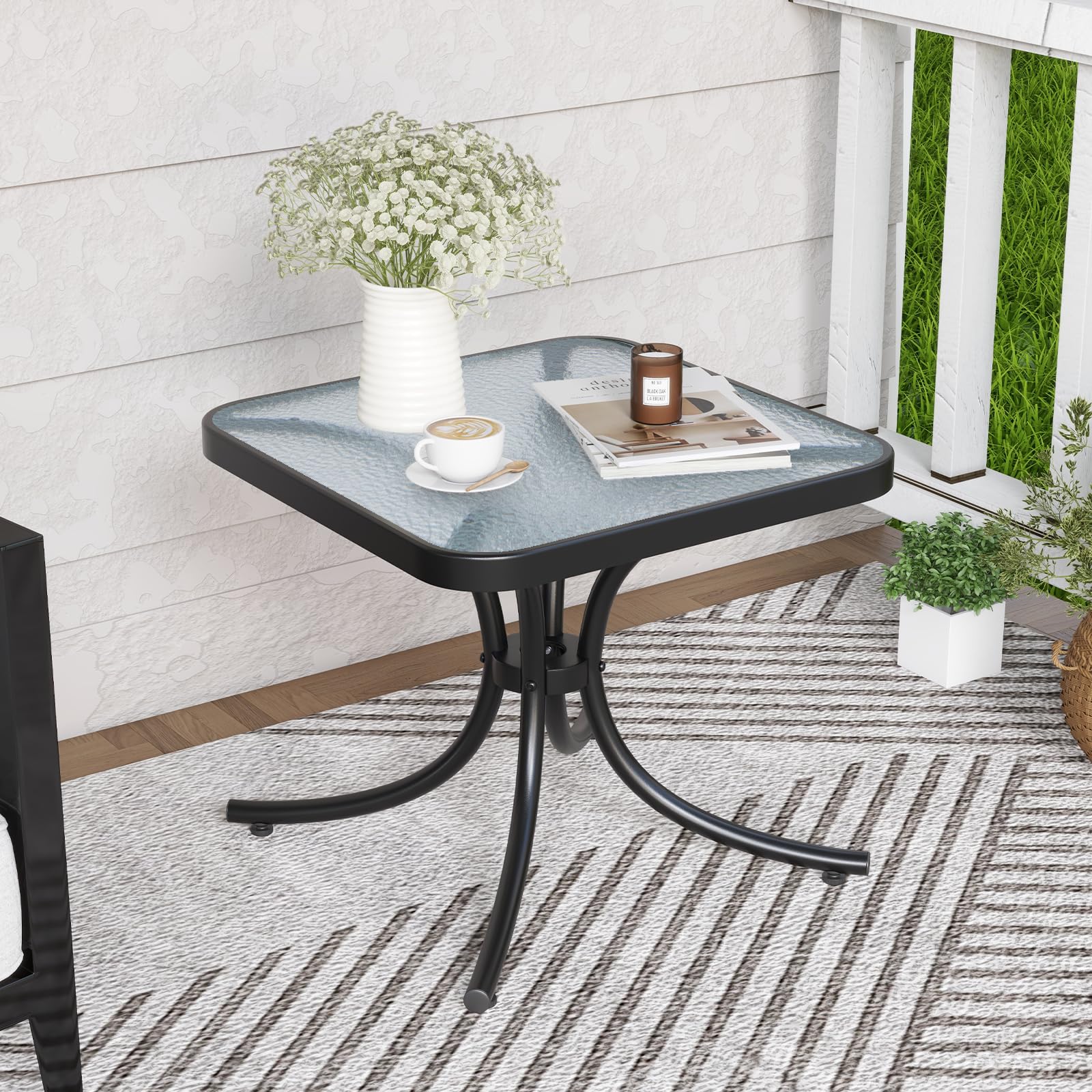 KOMFOTTEU Tavolo da giardino in vetro temperato, tavolino ausiliario con telaio in metallo, tavolo da pranzo quadrato per esterni e interni, tavolino da salotto per terreza, balcone, patio, 50 x 50 x