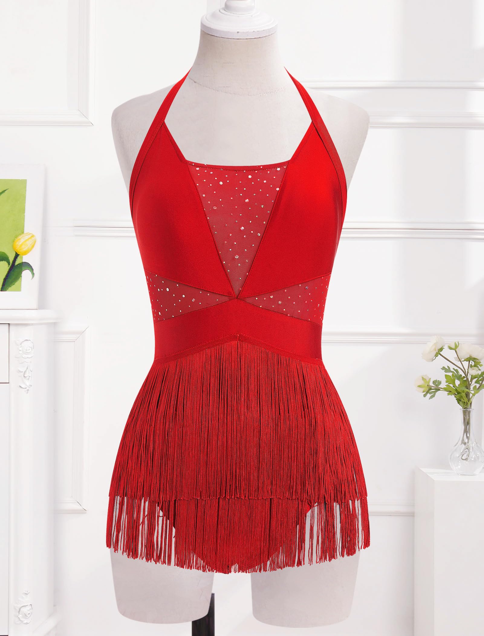 Damen-Body mit Neckholder, Fransen, offener Rücken, Glitzernetz, Salsa, Jazz, Latein-Tanzkleid, sexy Konzert, glitzernde Quasten-Outfits