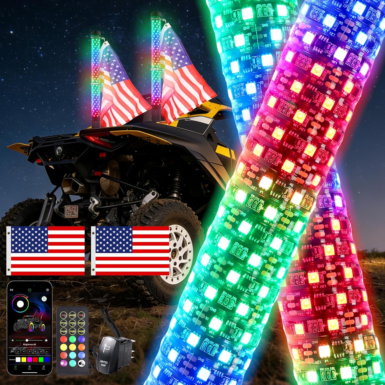 2PCS 3FT Fat Whip Lights UTV Whip Lights with Rocker Switch,High Brightness Antenna Whips Side by Side with Steering/Brake and Reverse Fit for Offroad ATV RZR Truck