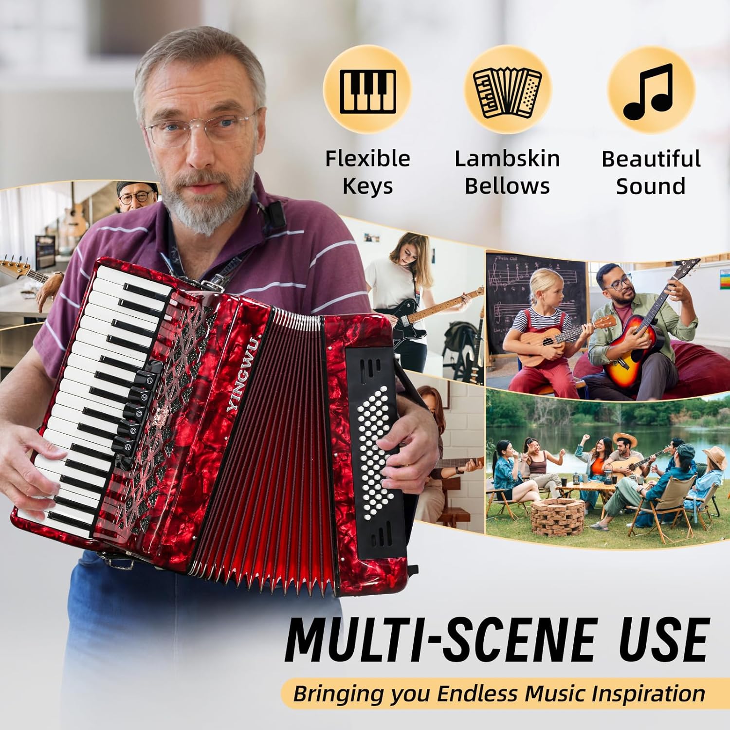 Accordion 34 Keys 60 Bass Premium Professional Accordion with German Reeds, Sealed Bellows for Beginners Adults, Stage/Studio/Home Use, W/Backpack & Carrying Strap (Red)