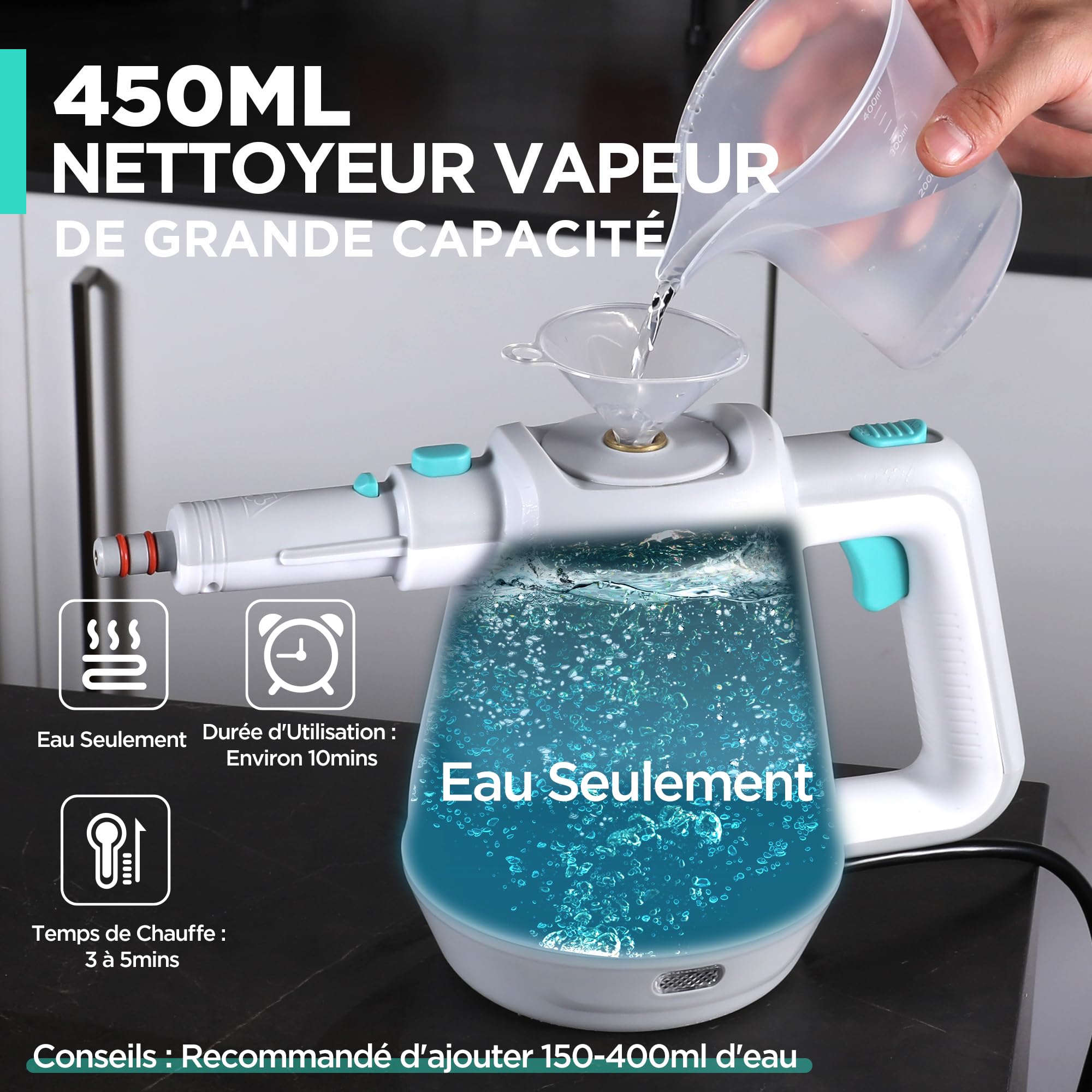 HAUSHOF Nettoyeur Vapeur a Main 450 ml Réservoir d'eau avec 8 Accessoires pour Adoucit Taches, Nettoyeur Vapeur Manuel Portable pour Canapé, Cuisine, Sol, Salle de Bain, Voiture