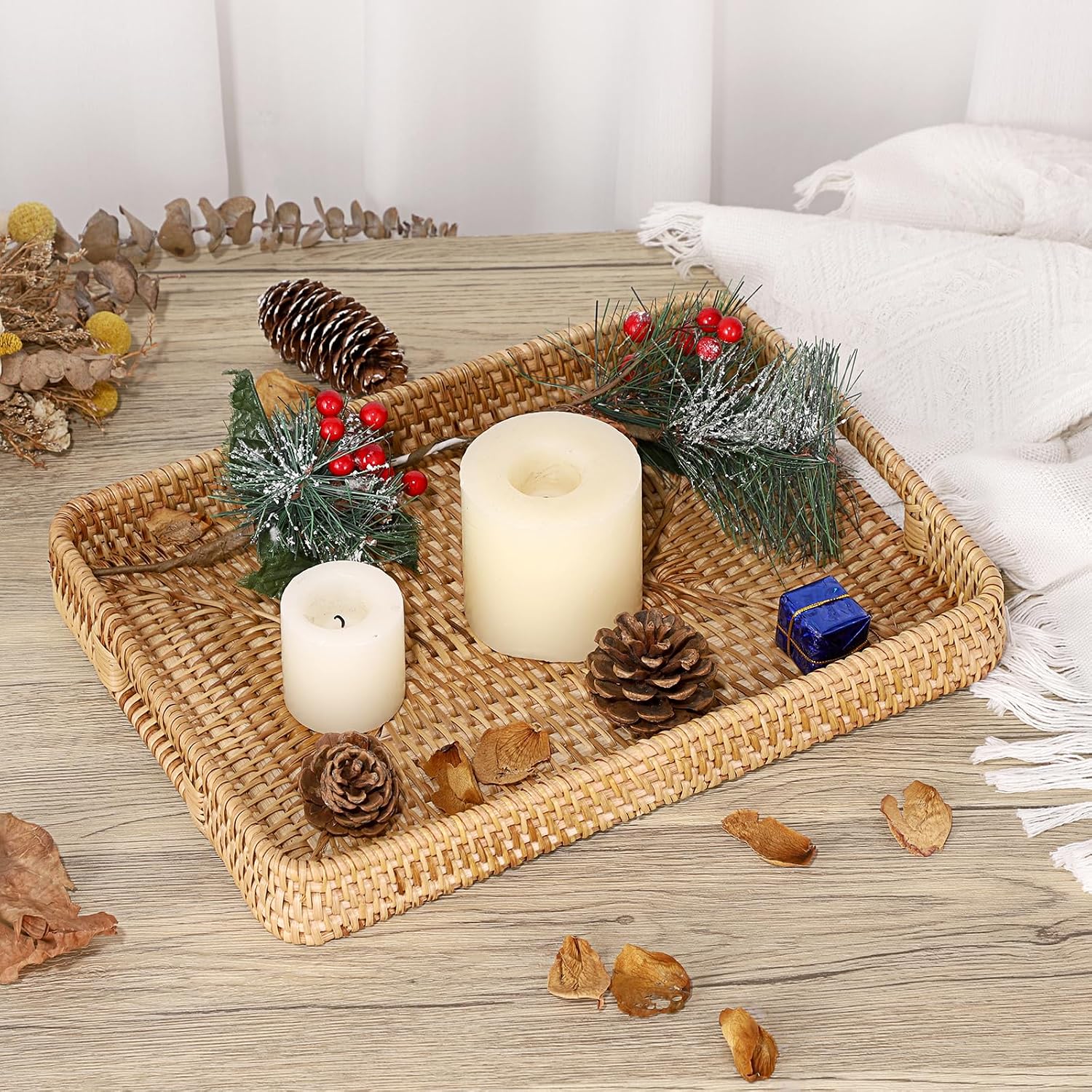 Hipiwe Handwoven Rattan Serving Tray Rectangular Wicker Tray with Handles Natural Decorative Trays for Storage Breakfast, Dessert, Fruit for Coffee Table, 13.4" L x 9.5" W