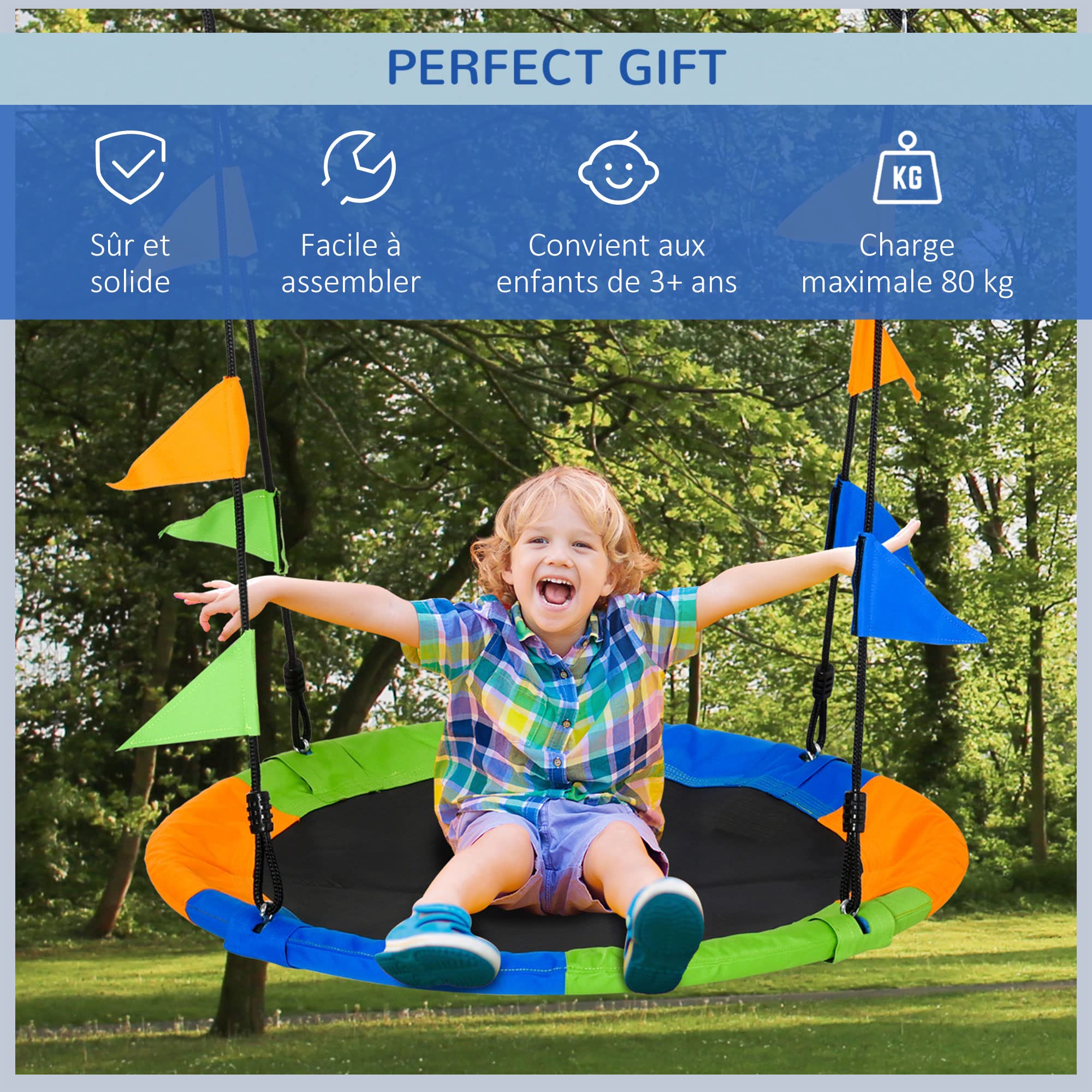 Outsunny Balançoire nid d'oiseau Ronde Ø 100 cm, Multicolore | Pour enfant et adulte, 2 anneaux, drapeaux inclus, poids max. 80 kg, métal époxy PP Oxford haute densité,