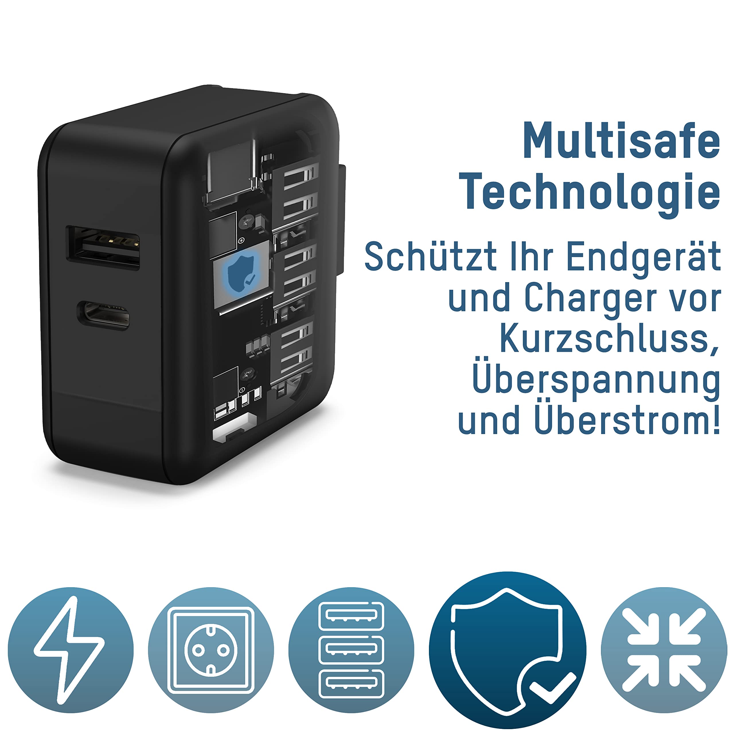 ANSMANN Caricatore USB da viaggio 30W Carica rapida Adattatore universale da viaggio Spina da viaggio con 1x porta USB A + 1x USB C e spine intercambiabili per adattatore USA UK Europa