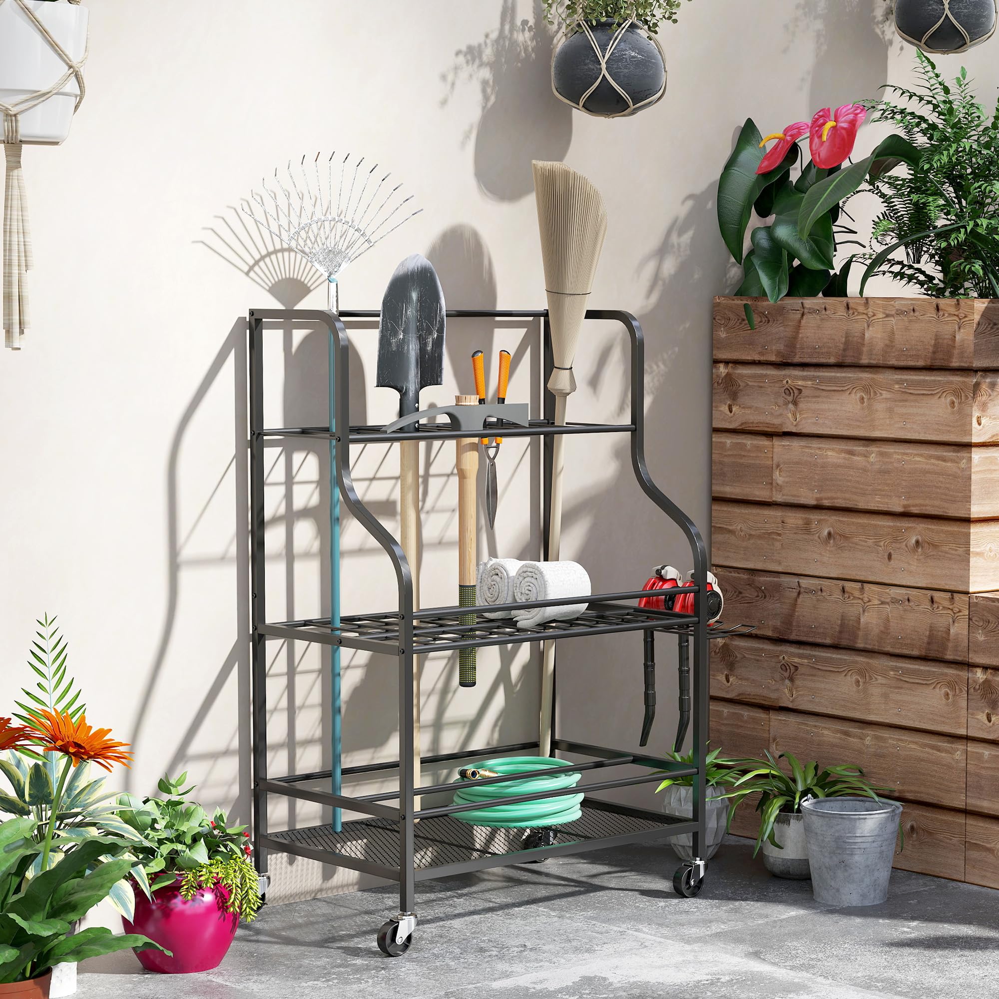 Outsunny - Organizador de herramientas de jardín (54 ranuras, 5 ganchos), color negro | Portaherramientas Garaje Acero Ruedas 3 Niveles, Rastrillos, Almacenamiento Herramientas Jardín