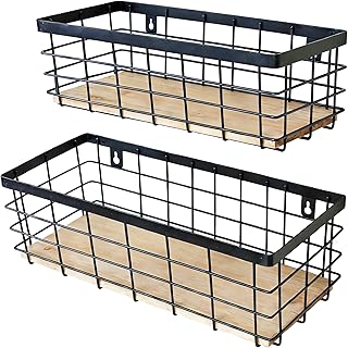 Metal Wire Basket Detachable Wood Base Storage Organizer Farmhouse Hangi...