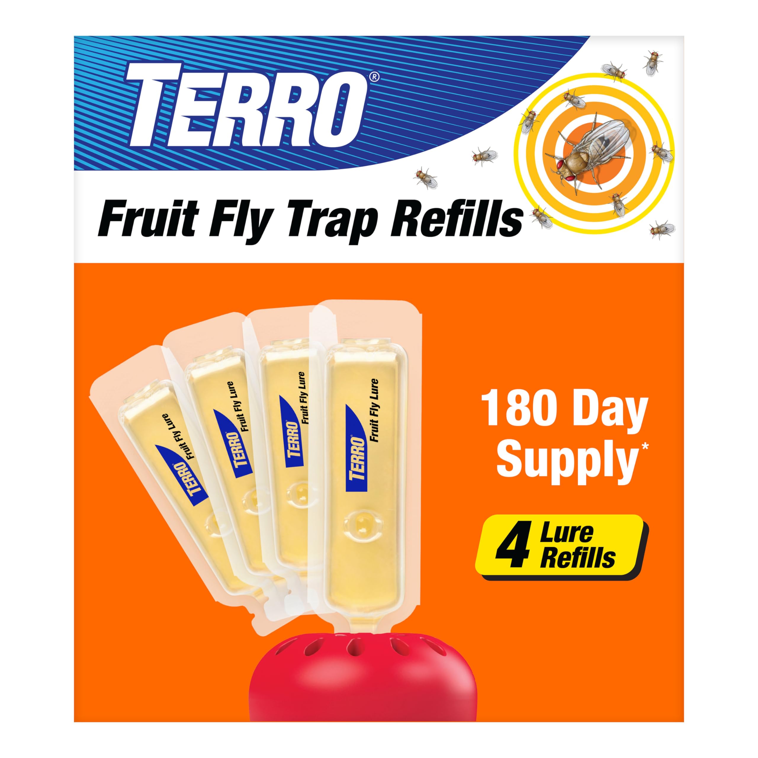 TERRO Fruit Fly Trap Refills, 4 Pack Liquid Bait Replacement for Home | Food-Based Liquid Lure, Non-Staining, Fast-Acting, 180 Day Supply, No Mess, Fruit Fly Bait Indoor 4 Lure Refills