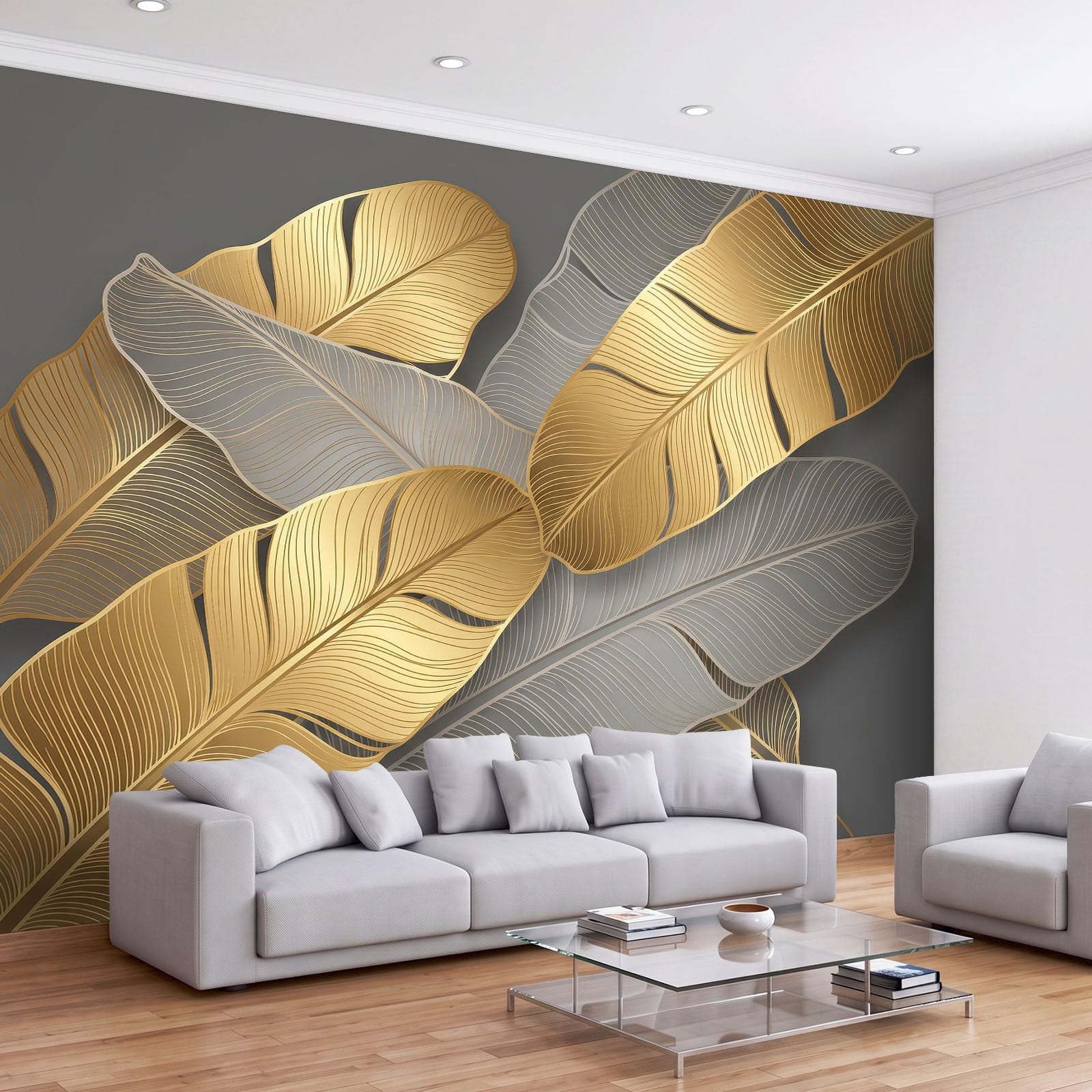 Panoramiczna tapeta z włókniny 350 x 256 cm minimalistyczny styl botaniczny, ciemnoszare tło złote liście bananowca fototapeta, do salonu dekoracja ścienna do pokoju dziecięcego