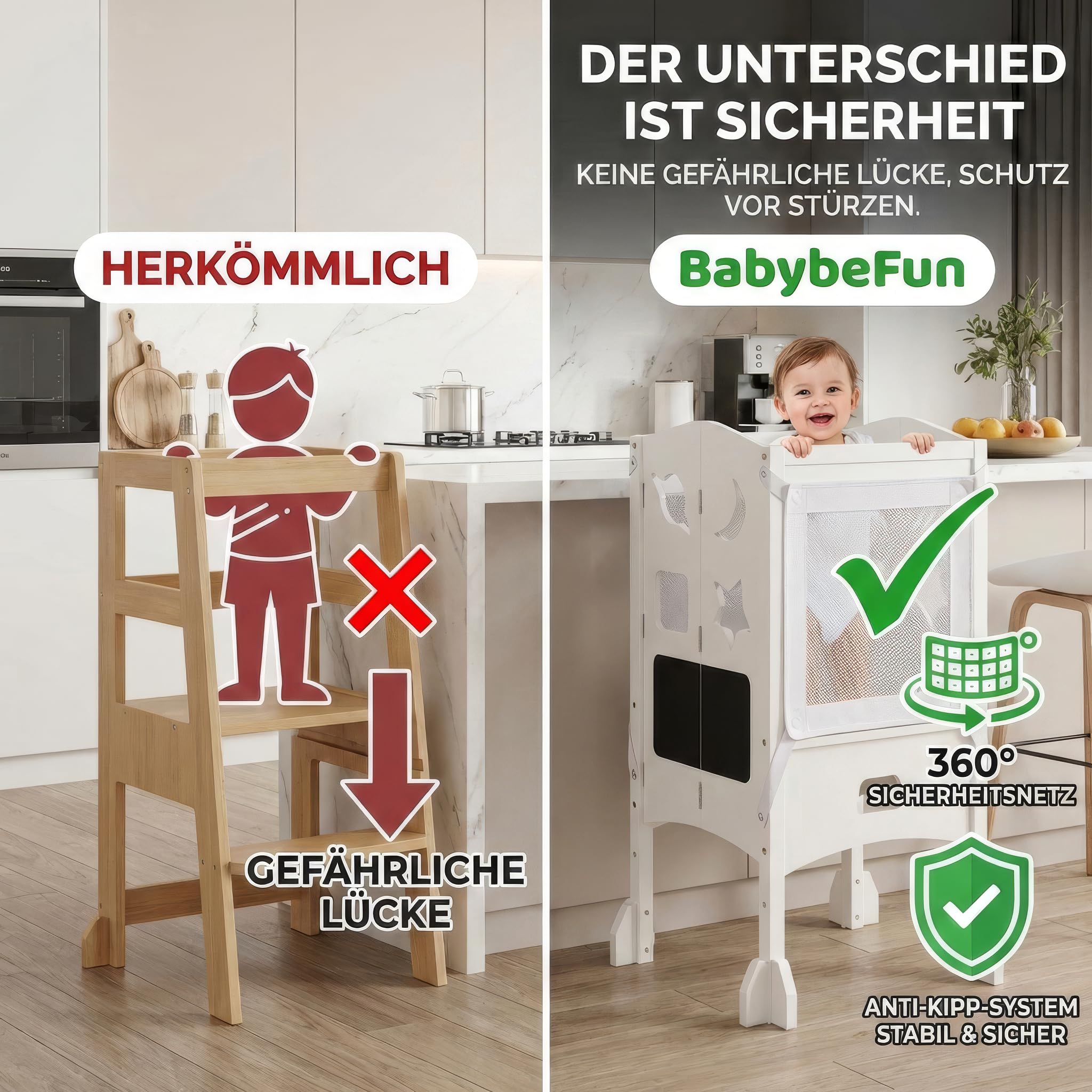 BabybeFun Lernturm klappbar ab 1 Jahr mit 360° Sicherheitsnetz - Extra Stabiler Learning Tower mit Anti-Kipp-Schutz