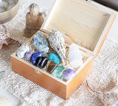 Miniatura 2 de Cristales de alta calidad y piedras curativas para relajación, estrés, alivio de la ansiedad, sueño. En caja de madera - amatista, lepidolita,