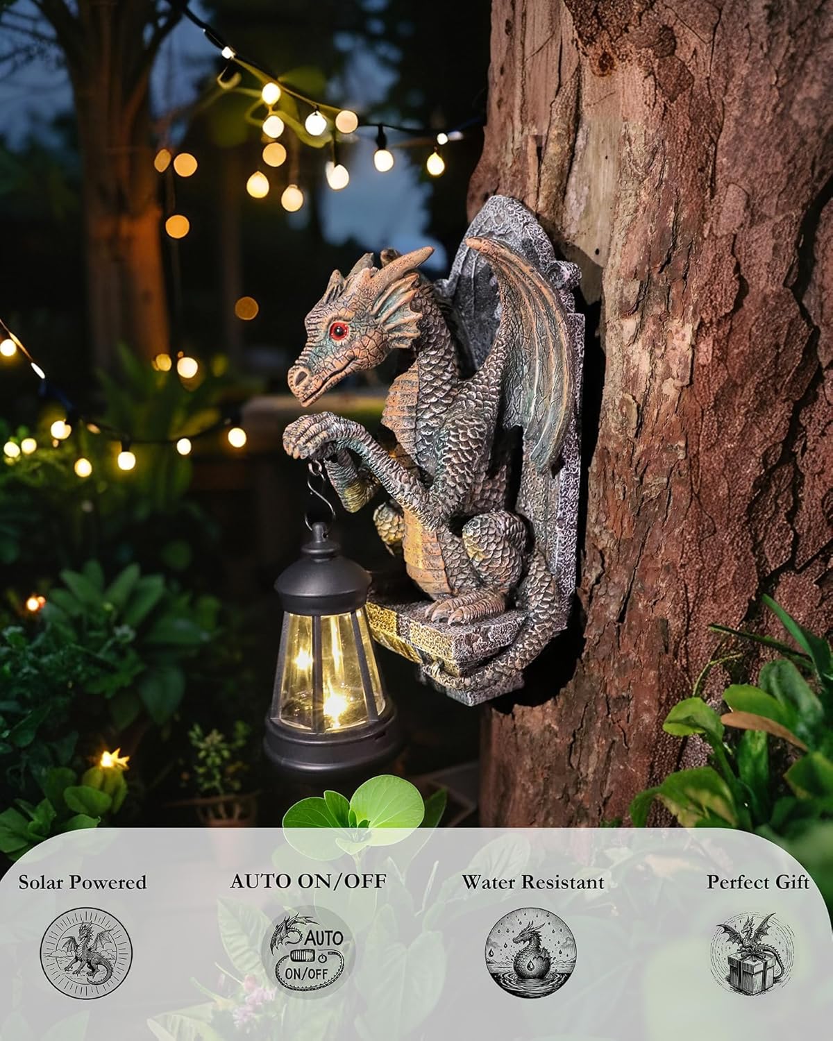Dragon Statue Solar Lantern for Garden Décor, Dragons Figurine Night Light, 10”Outdoor Decorative Lamp, Mountable on Trees/Walls/Fences. Birthday/Housewarming Gifts for Dragon Fans (Antique Bronze) - Image 2