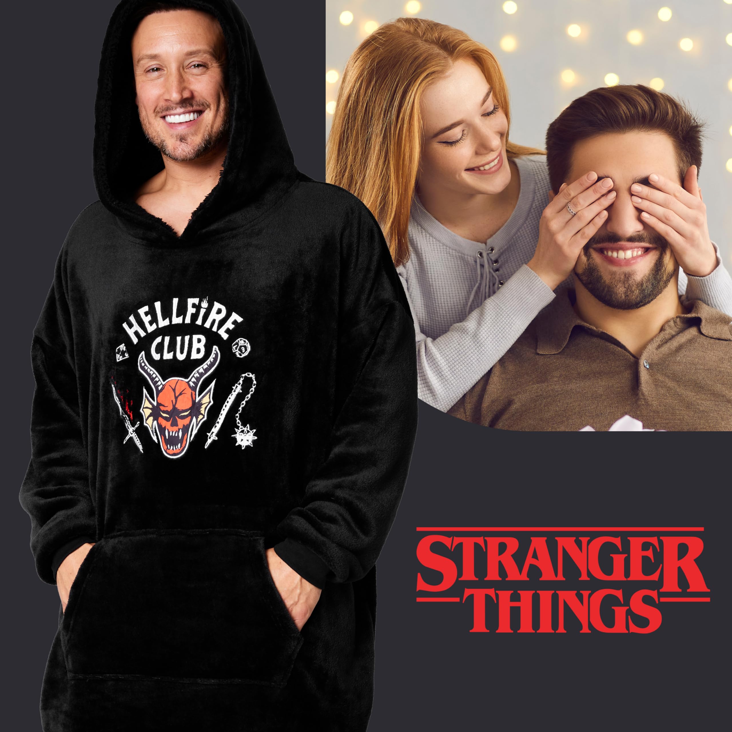 Stranger Things Hoodie Blanket for Men and Teenagers - Cosy Oversized Fleece Hoodie One Size Sherpa Hood - Gifts for Him Black