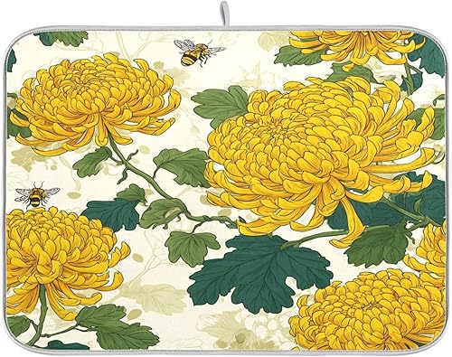Tapete de secado de platos para encimera de cocina, tapete de secado de cocina de 18 x 24 pulgadas, abejas y crisantemos de otoño, tapete escurridor