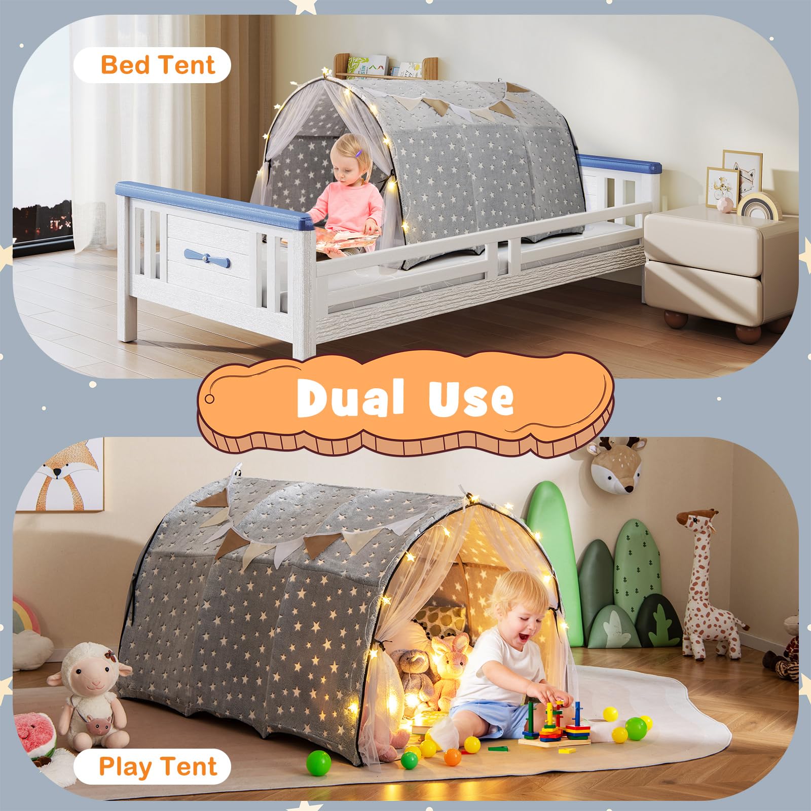 HONEY JOY Bed Tent for Kids, Large Twin Bed Canopy w/Star Lights, Flags, Glow in The Dark, Indoor Outdoor Toddler Playhouse, 54