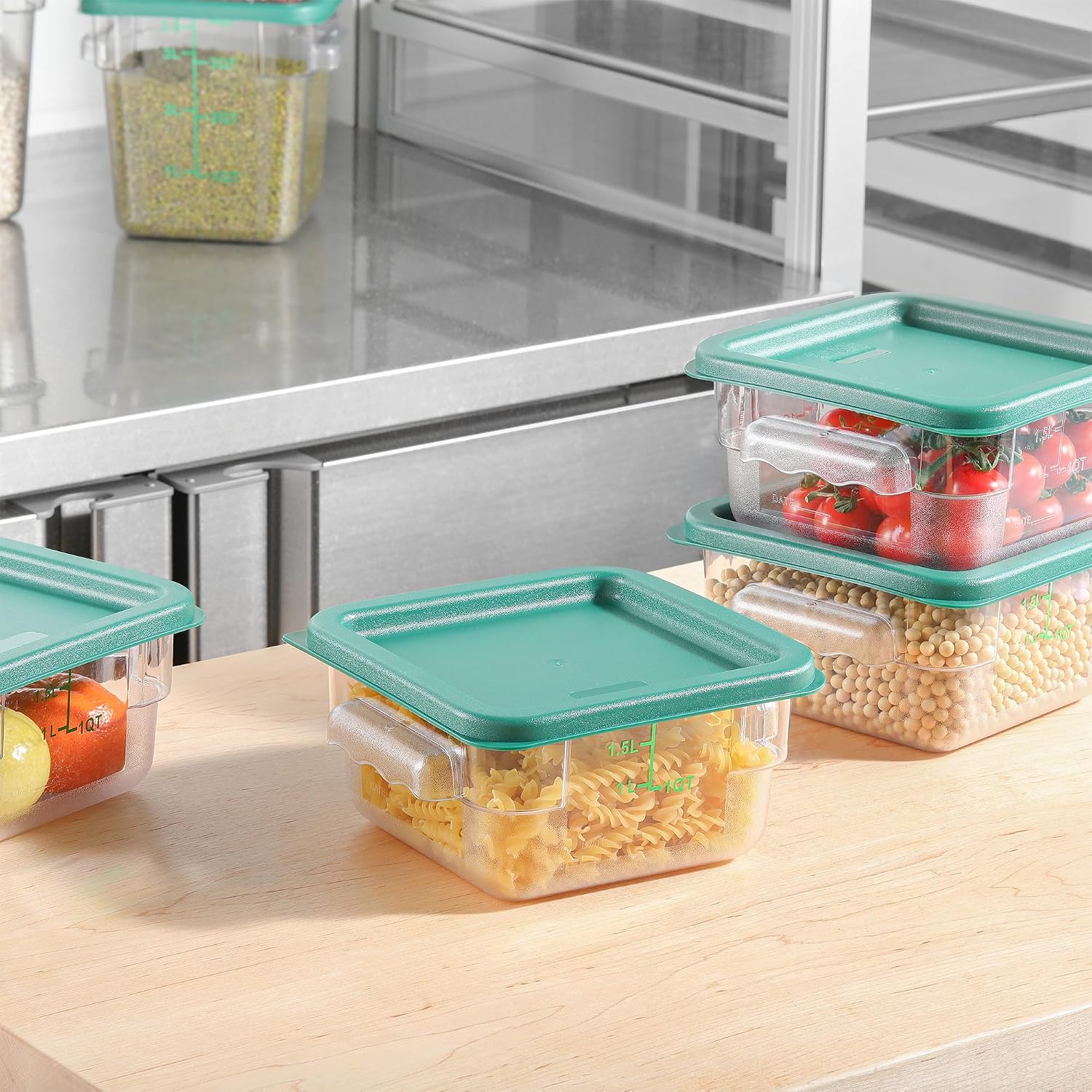 EGGKITPO 4 Pcs 2 QT Square Food Storage Containers with Green Lids Kitchen Container Set with Handle, Clear Scarle for Grain Bean Stackable Dishwasher Freezer Safe BPA-Free Polycarbonate Home Party image 3